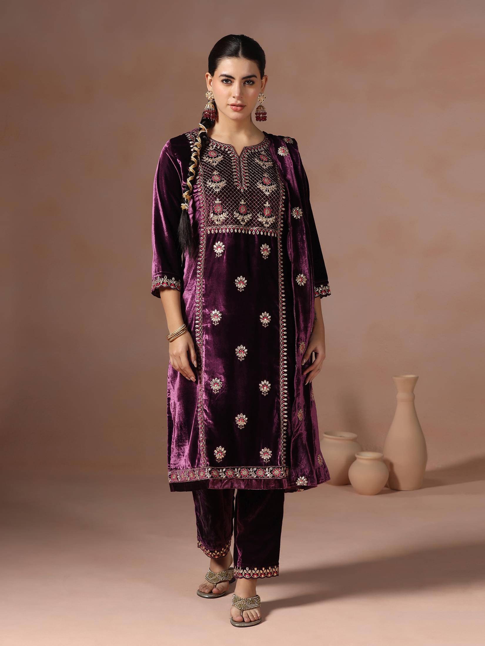 Winter Women Velvet Burgundy Embroidered Kurta Comfort Pant Dupatta.