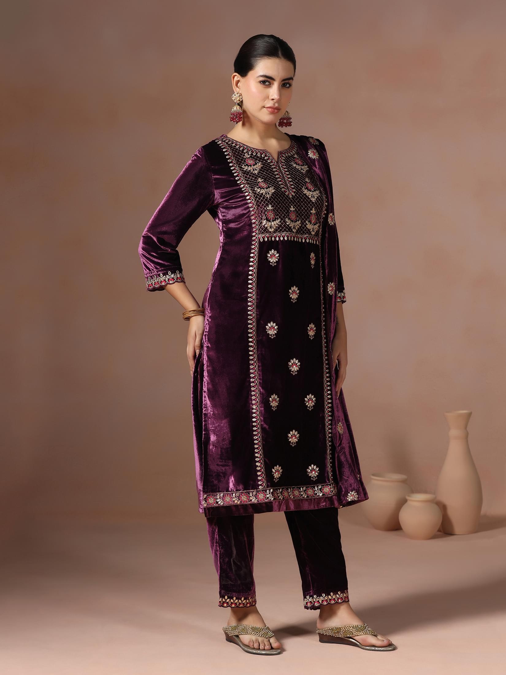 Winter Women Velvet Burgundy Embroidered Kurta Comfort Pant Dupatta.
