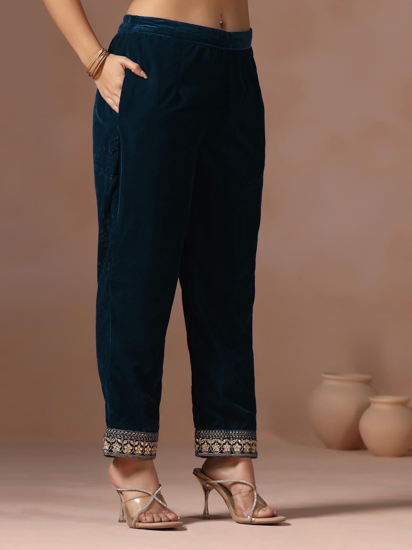 Winter Women Teal Embroidered Velvet Kurta Comfort Pant Dupatta.