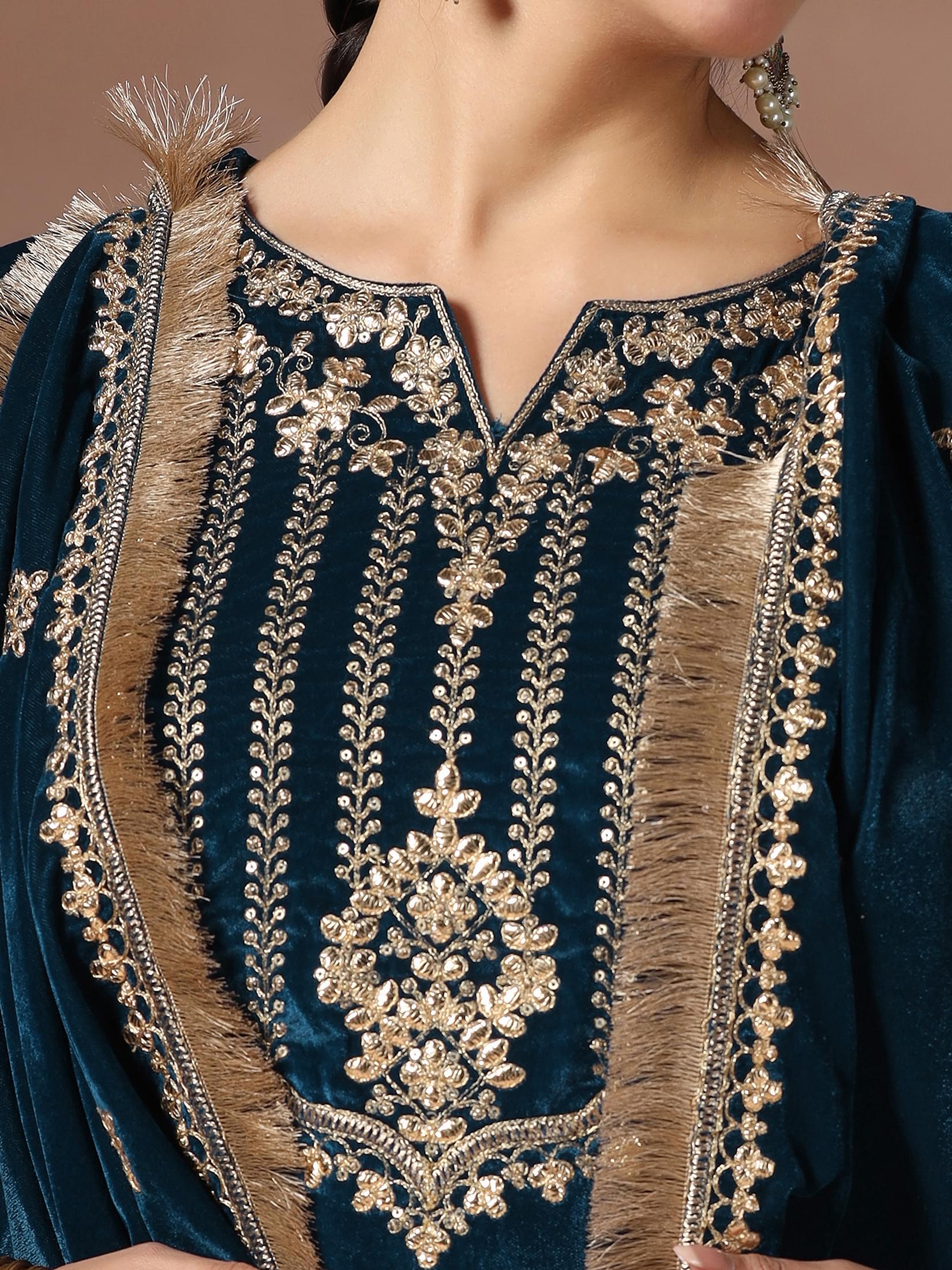 Winter Women Teal Embroidered Velvet Kurta Comfort Pant Dupatta.