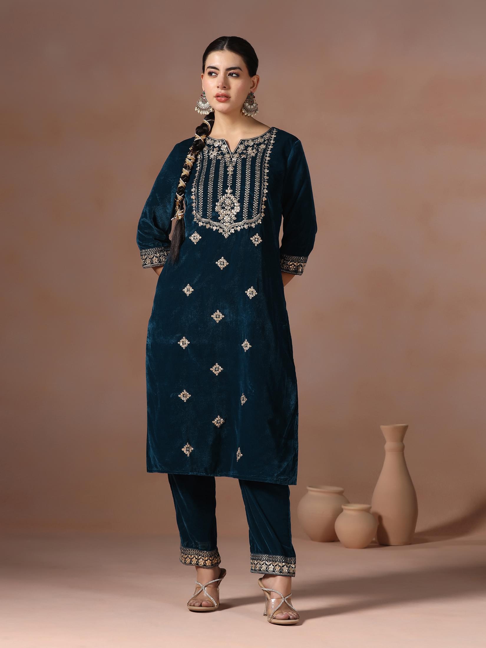Winter Women Teal Embroidered Velvet Kurta Comfort Pant Dupatta.