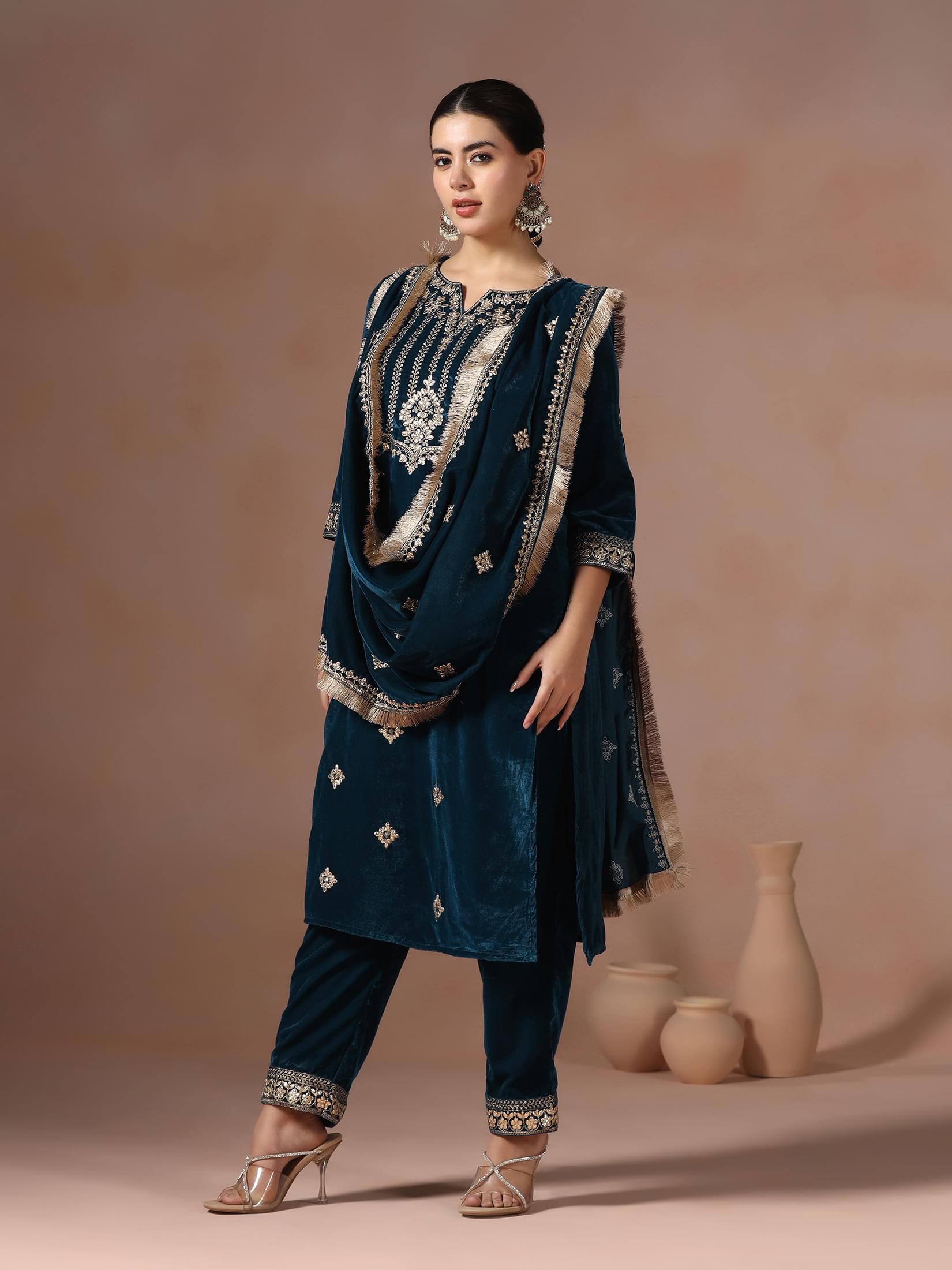 Winter Women Teal Embroidered Velvet Kurta Comfort Pant Dupatta.