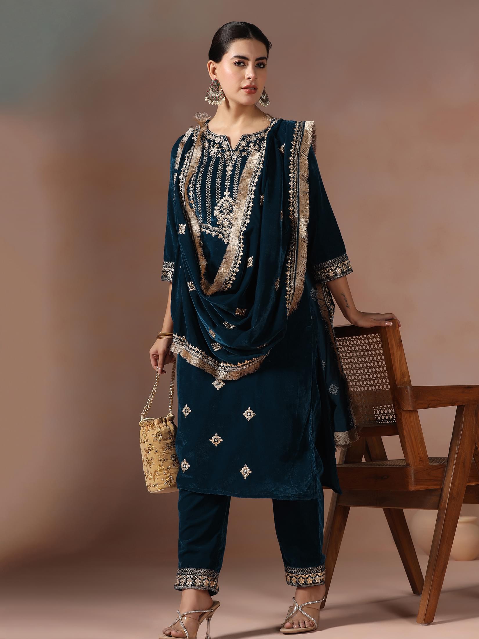 Winter Women Teal Embroidered Velvet Kurta Comfort Pant Dupatta.