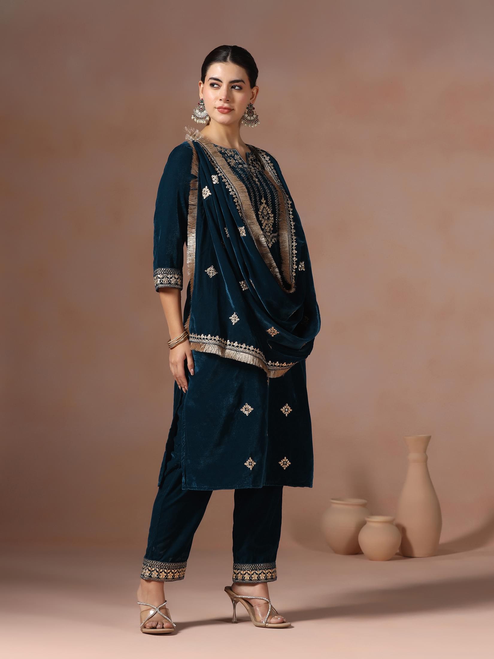 Winter Women Teal Embroidered Velvet Kurta Comfort Pant Dupatta.