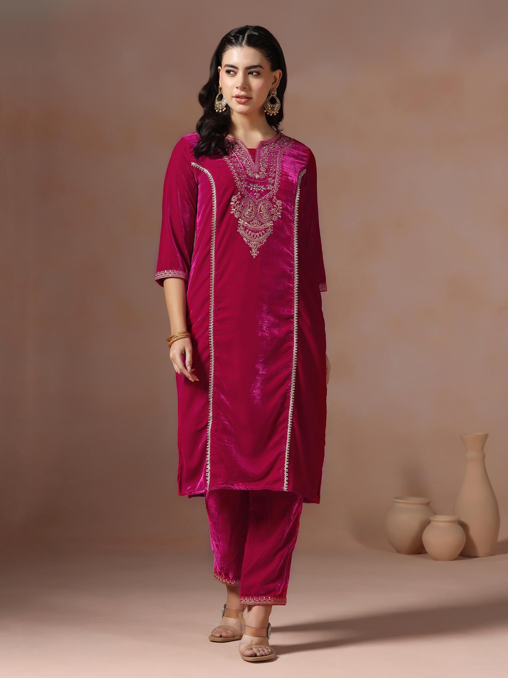 Winter Women Velvet Fuchsia Embroidered Kurta Comfort Pant Dupatta.