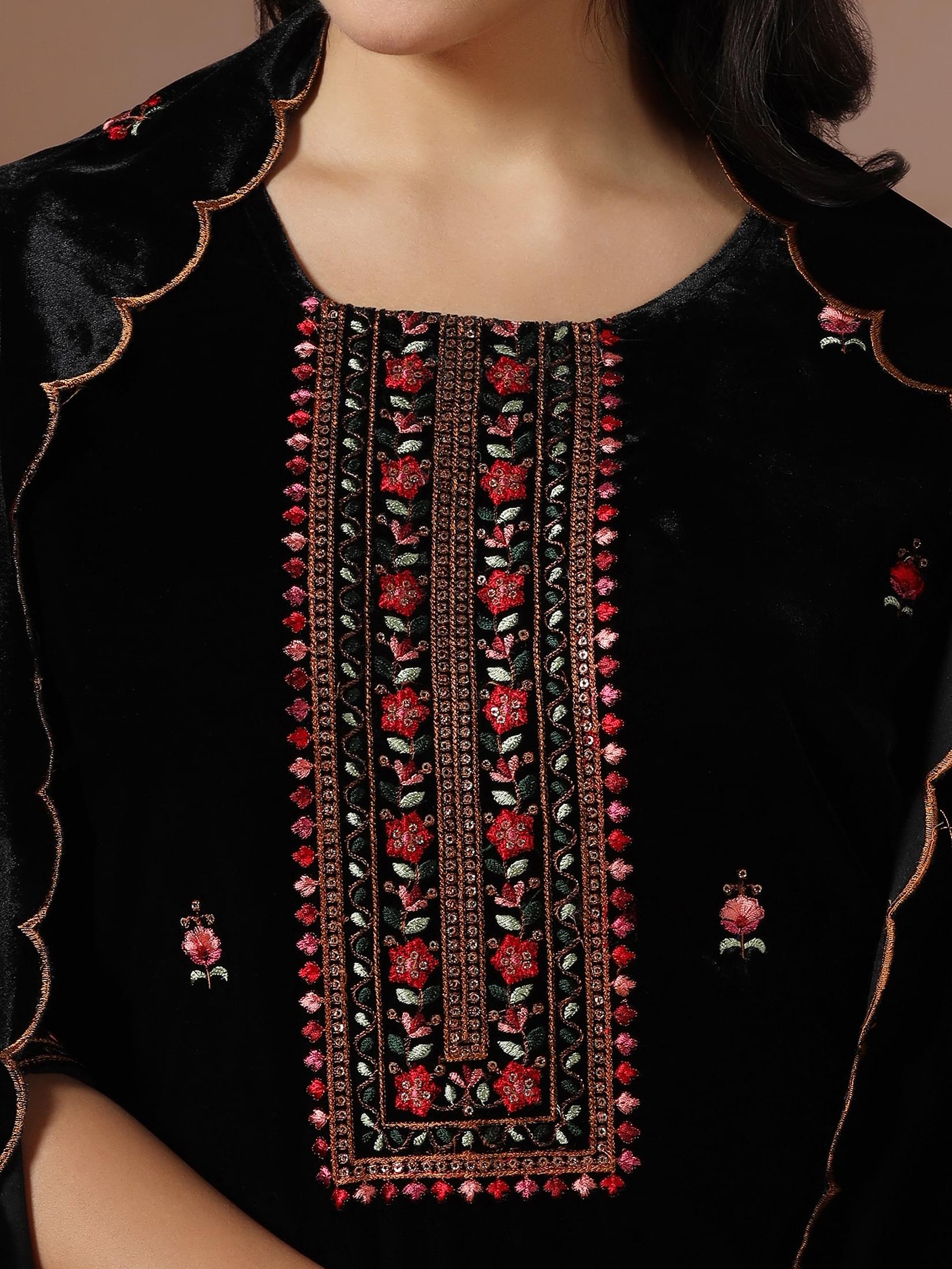Winter Wear Women Velvet Black Embroidered Kurta Comfort Pant Dupatta.