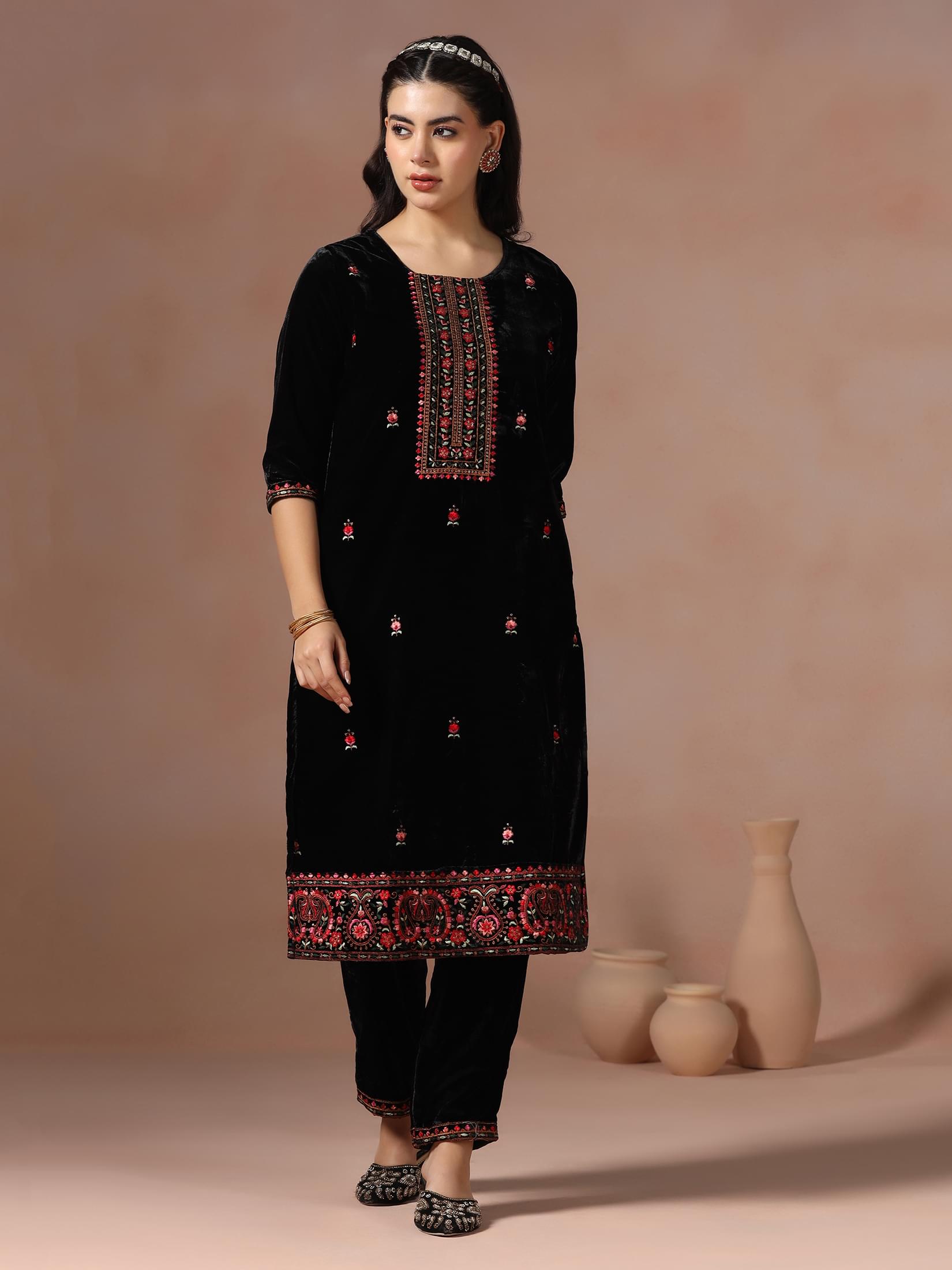 Winter Wear Women Velvet Black Embroidered Kurta Comfort Pant Dupatta.