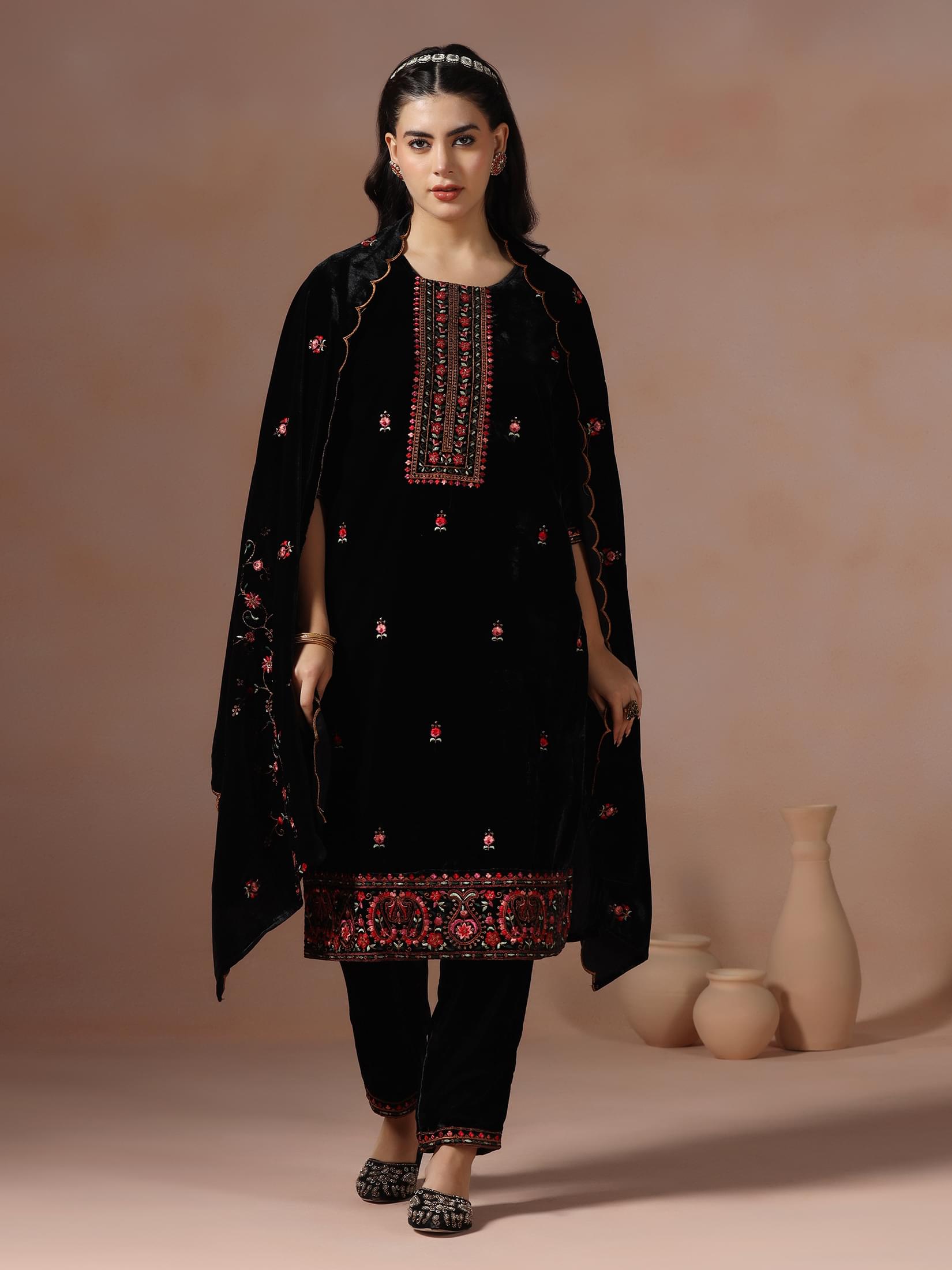 Winter Wear Women Velvet Black Embroidered Kurta Comfort Pant Dupatta.