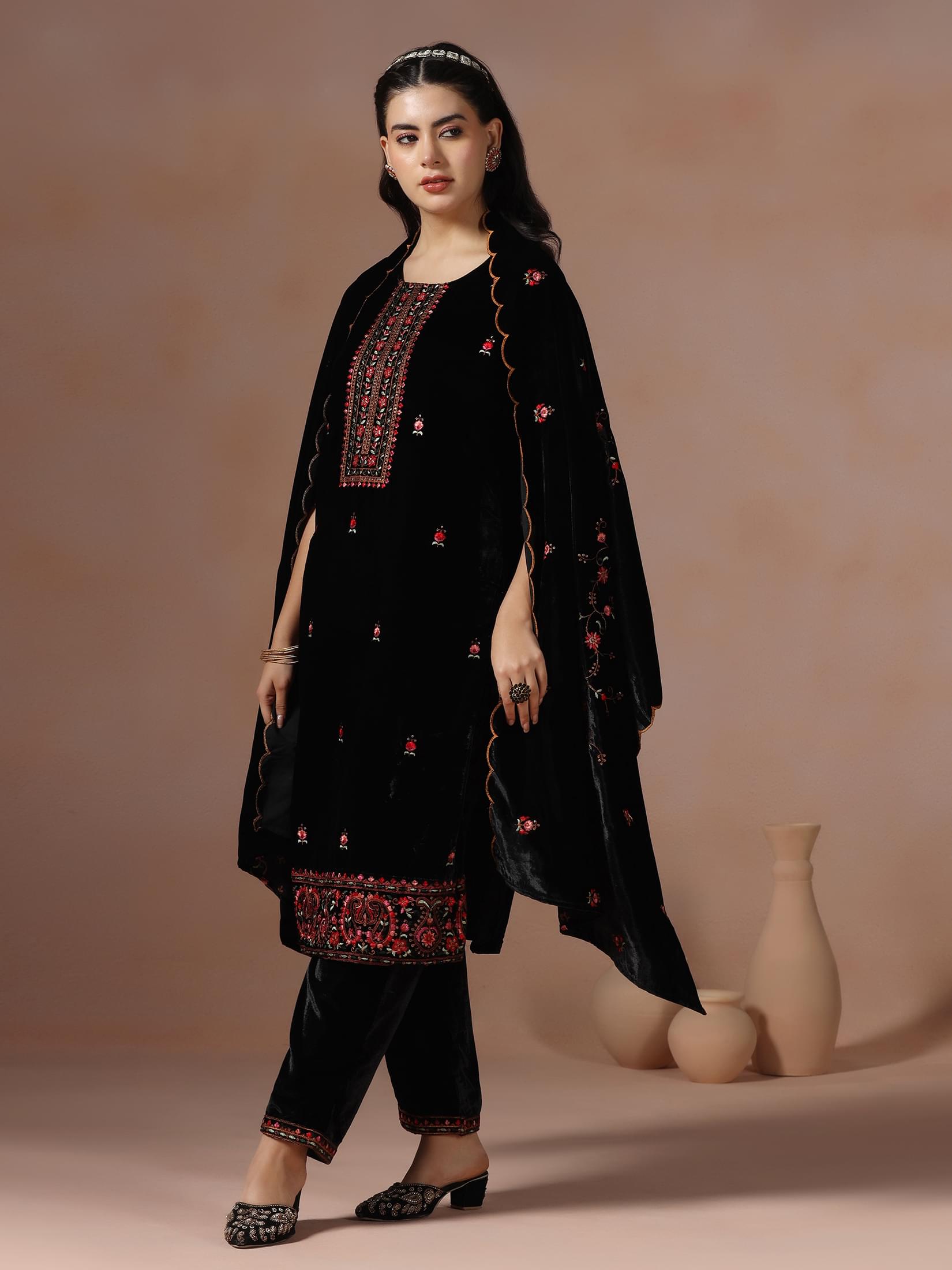 Winter Wear Women Velvet Black Embroidered Kurta Comfort Pant Dupatta.