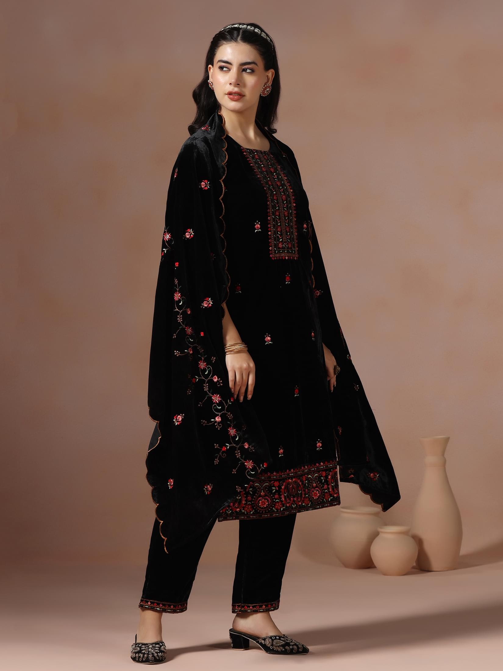 Winter Wear Women Velvet Black Embroidered Kurta Comfort Pant Dupatta.