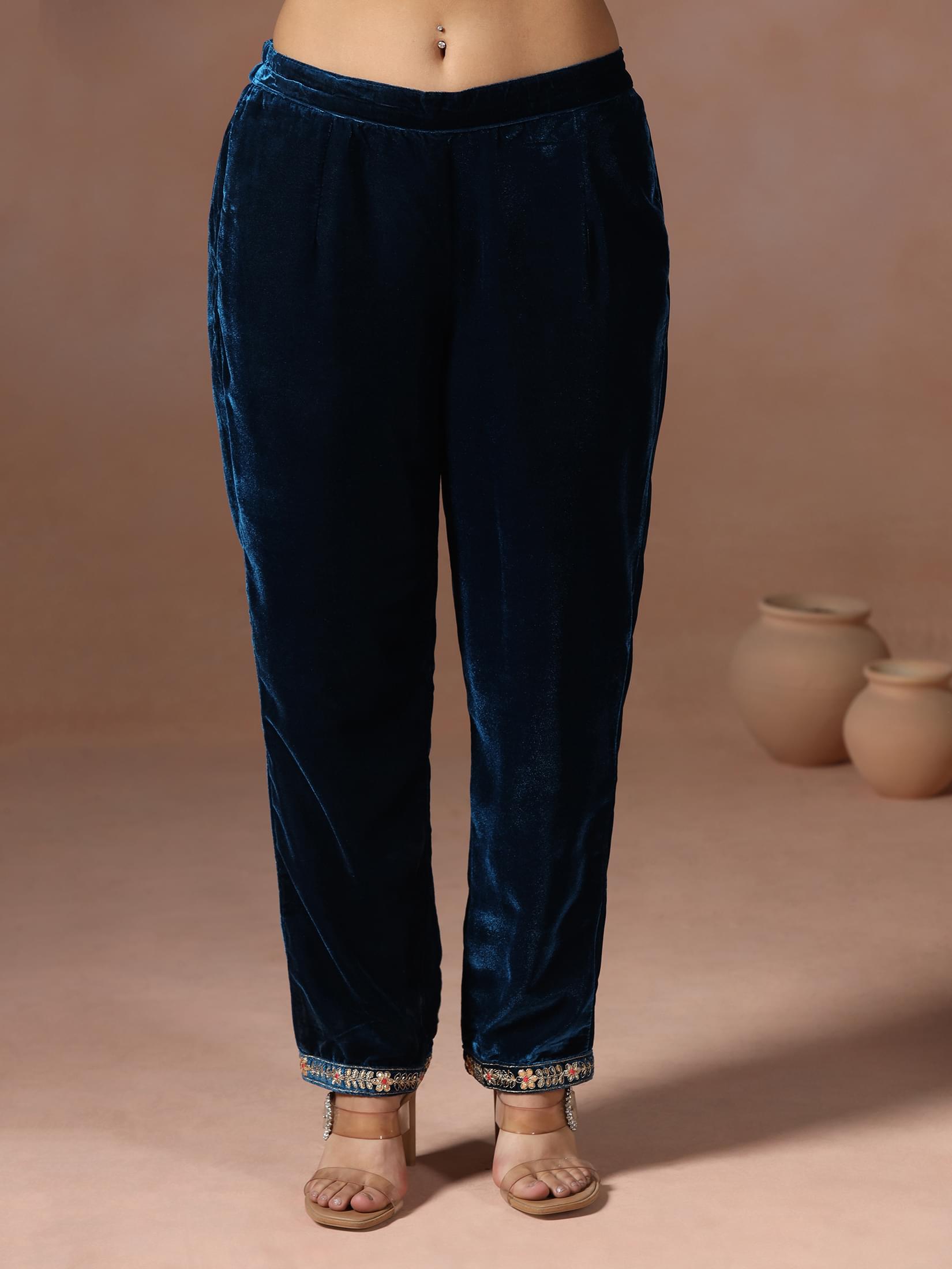 Winter Wear Women Velvet Teal Embroidered Kurta Comfort Pant Dupatta.