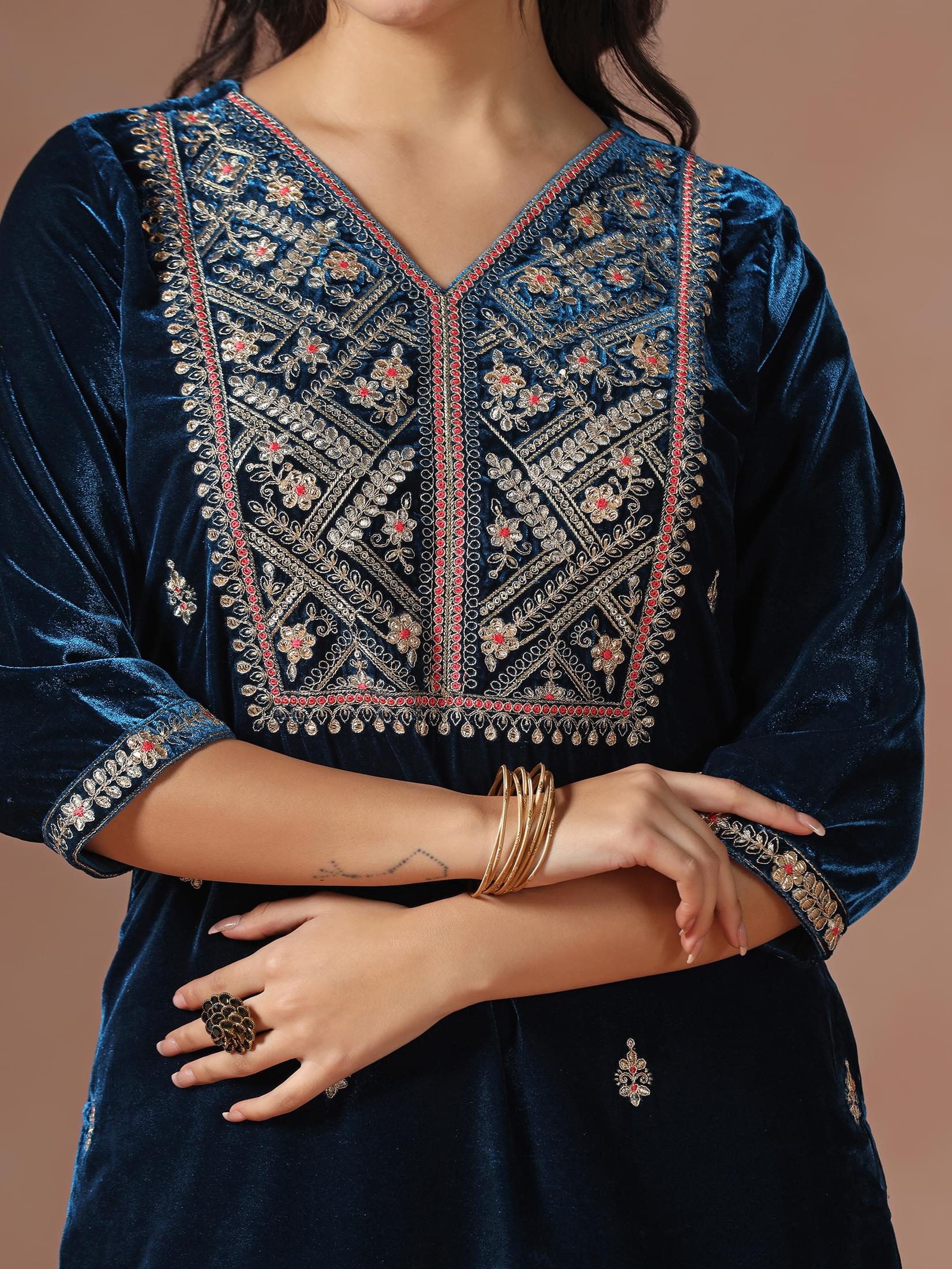 Winter Wear Women Velvet Teal Embroidered Kurta Comfort Pant Dupatta.