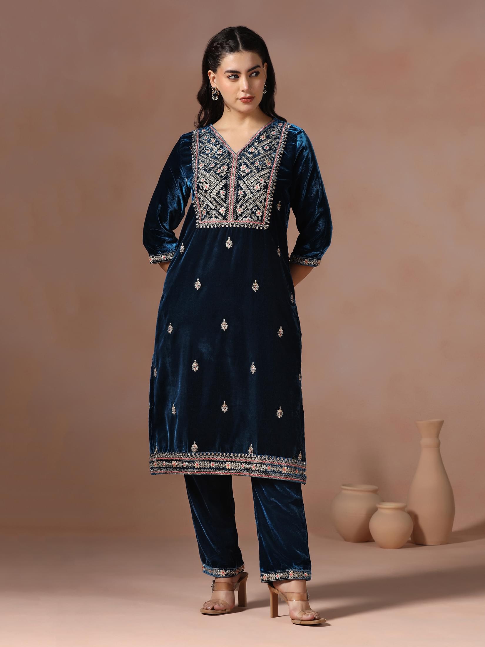 Winter Wear Women Velvet Teal Embroidered Kurta Comfort Pant Dupatta.