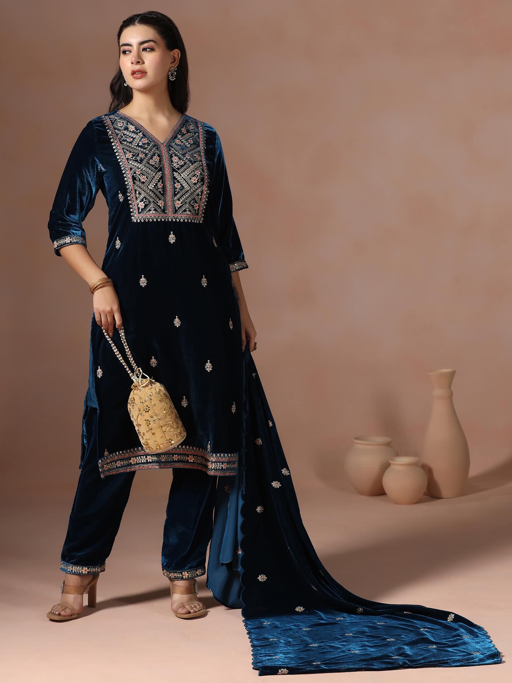 Winter Wear Women Velvet Teal Embroidered Kurta Comfort Pant Dupatta.