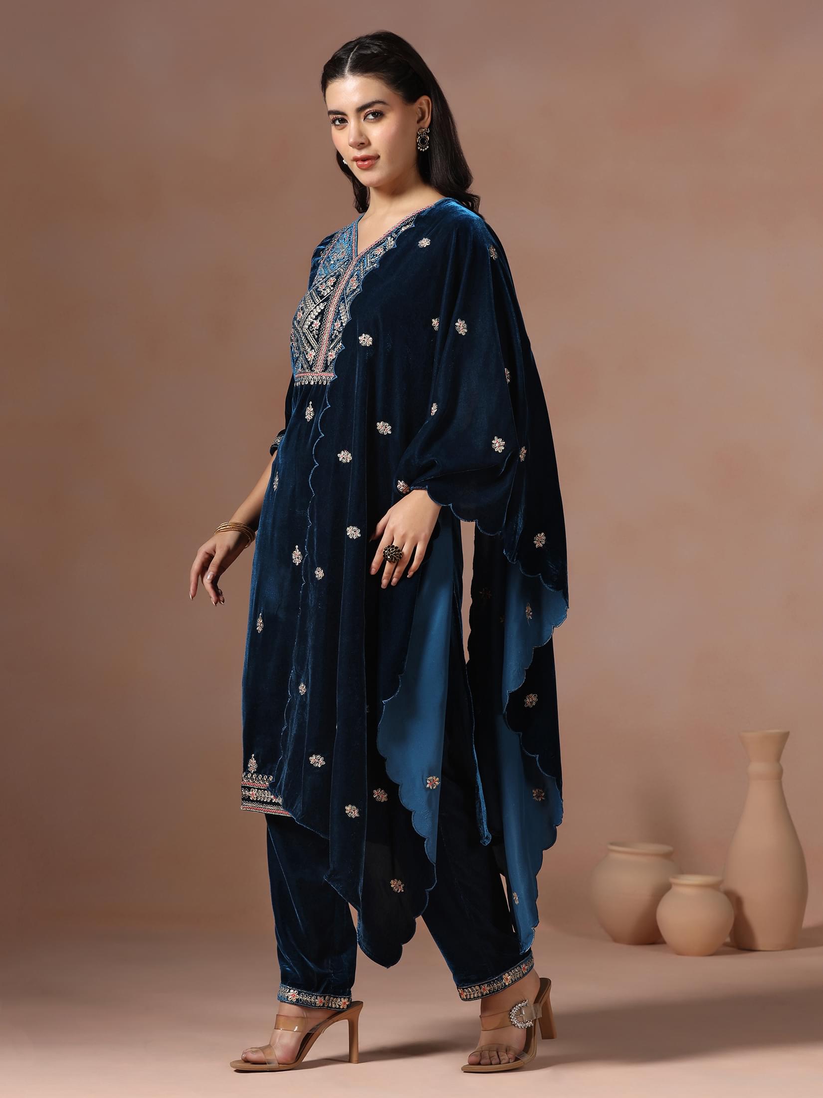 Winter Wear Women Velvet Teal Embroidered Kurta Comfort Pant Dupatta.