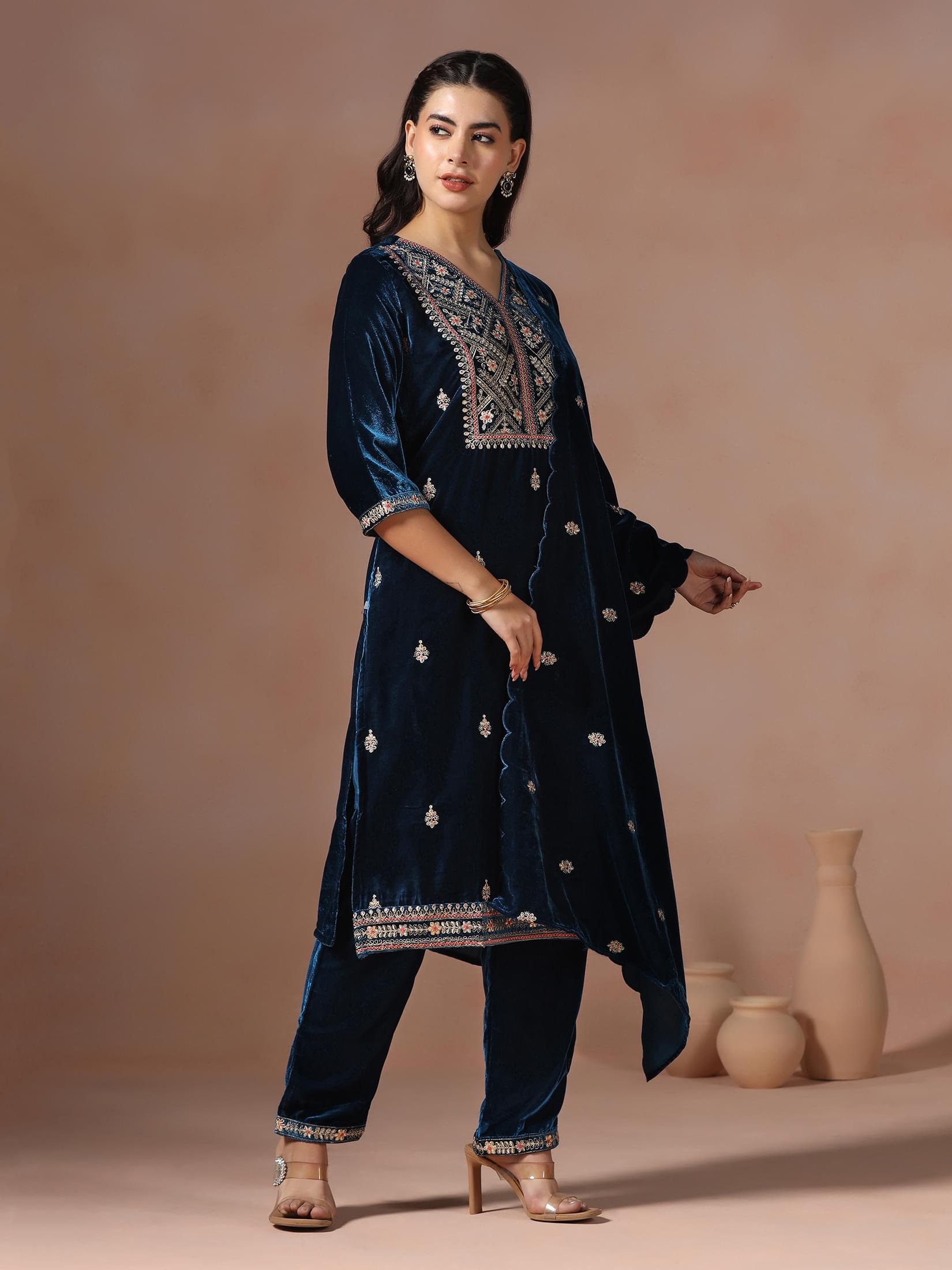 Winter Wear Women Velvet Teal Embroidered Kurta Comfort Pant Dupatta.