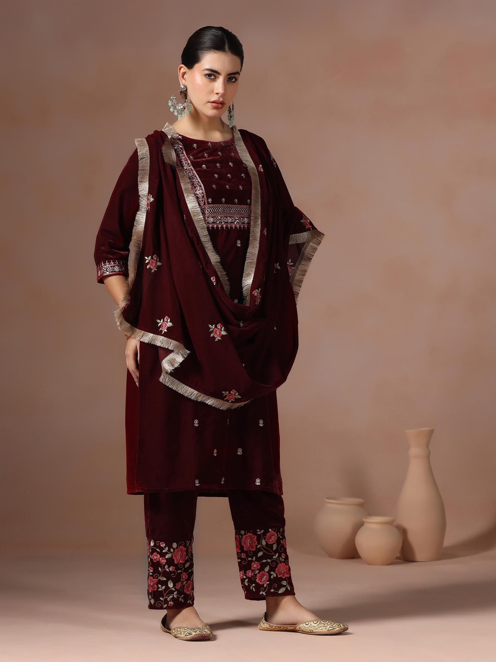 Winter Women Velvet Maroon Embroidered Kurta Comfort Pant Dupatta.