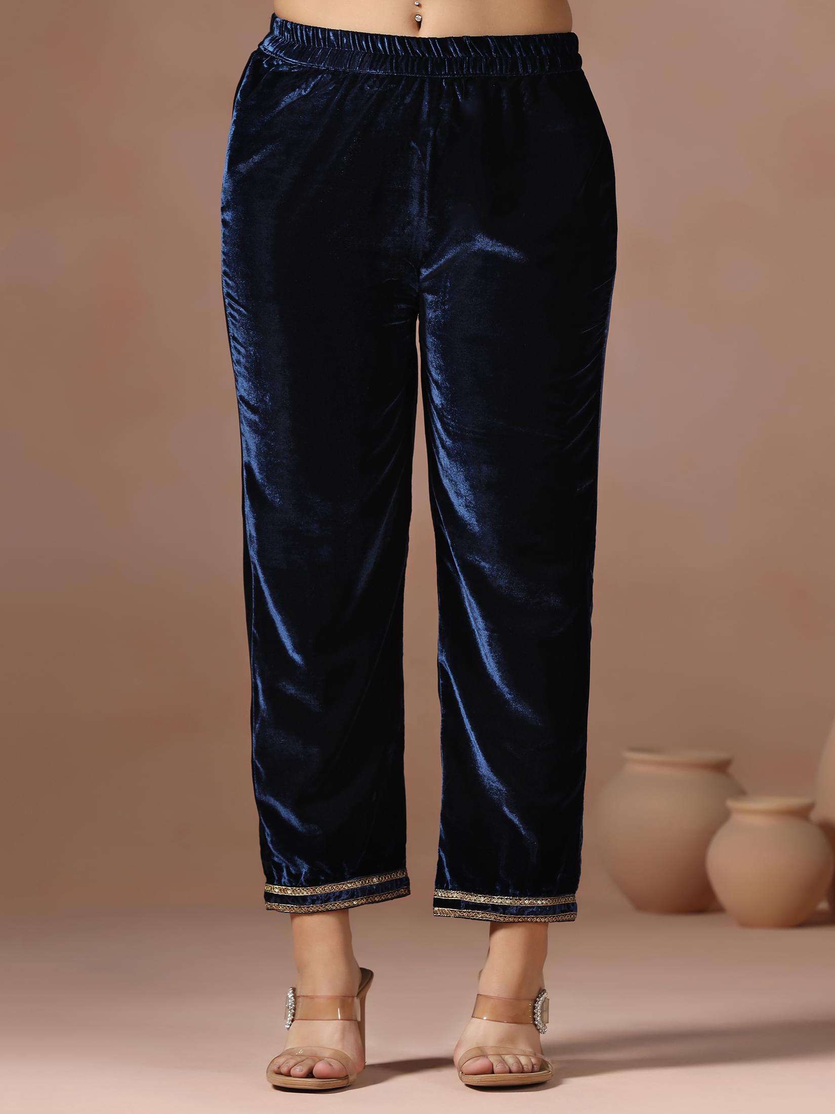 Winter Wear Women Velvet Blue Embroidered Kurta Comfort Pant Dupatta.