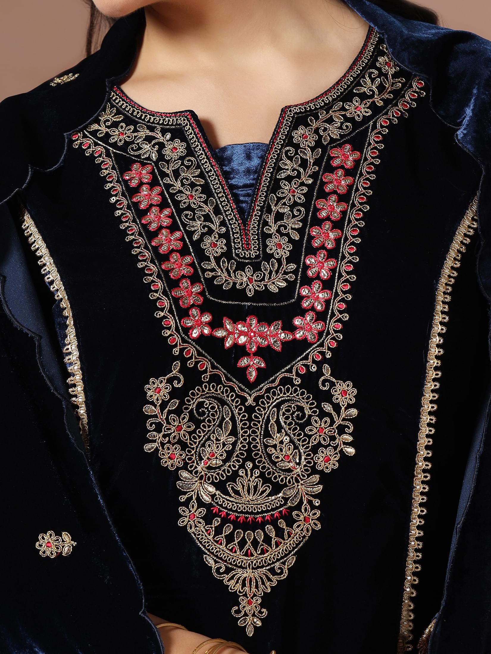 Winter Wear Women Velvet Blue Embroidered Kurta Comfort Pant Dupatta.