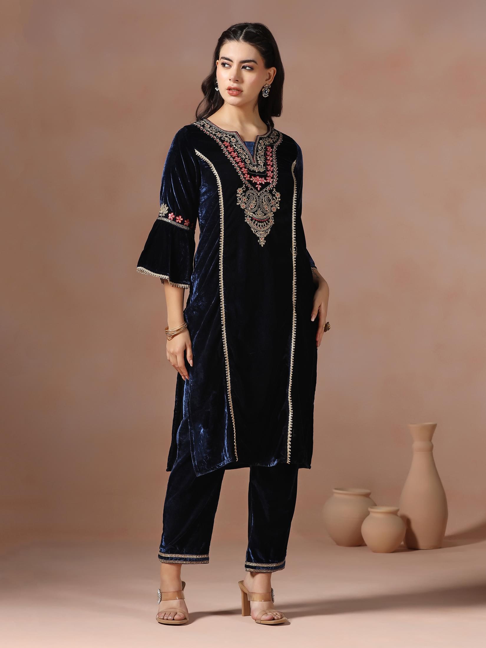 Winter Wear Women Velvet Blue Embroidered Kurta Comfort Pant Dupatta.