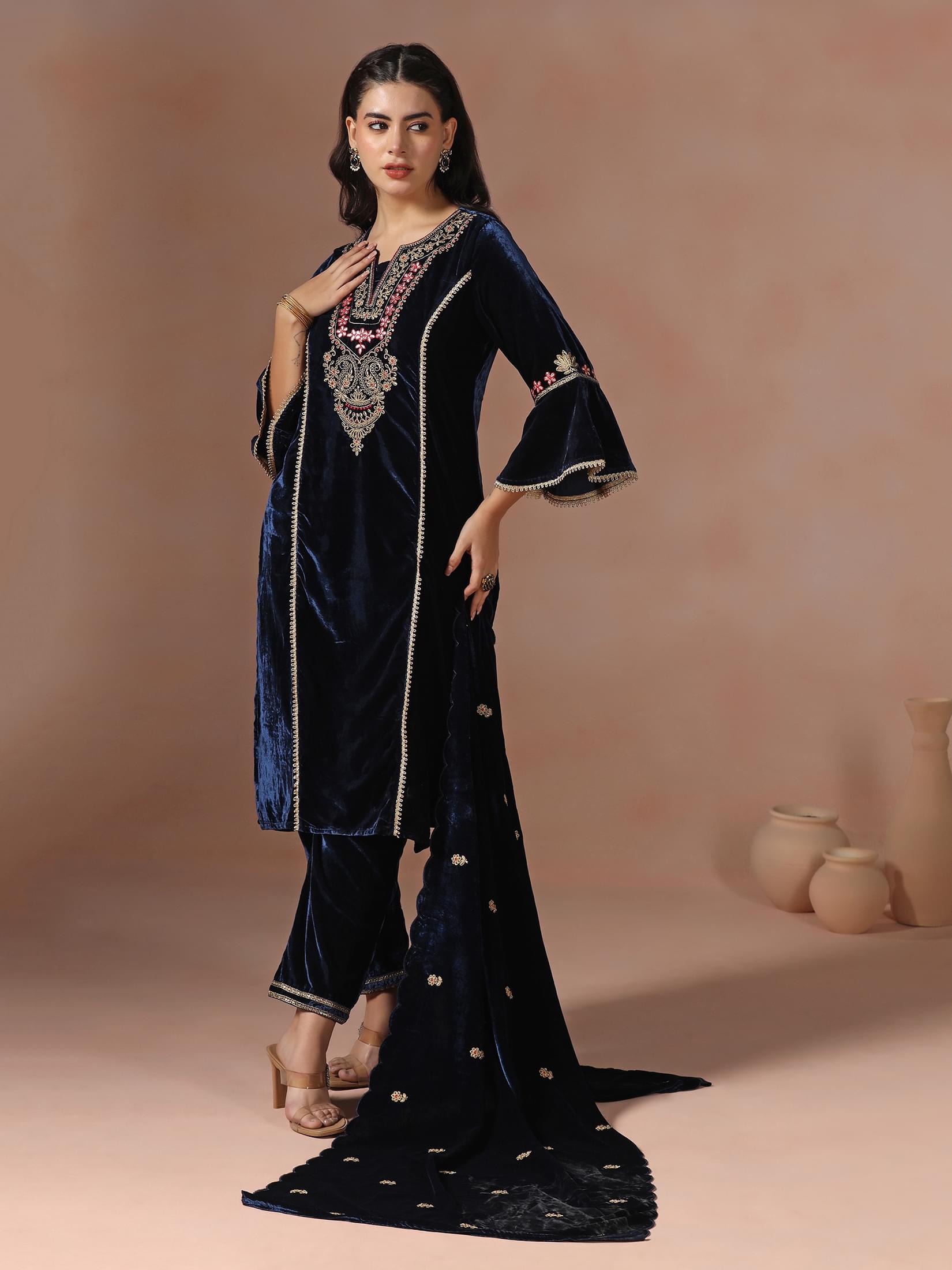 Winter Wear Women Velvet Blue Embroidered Kurta Comfort Pant Dupatta.