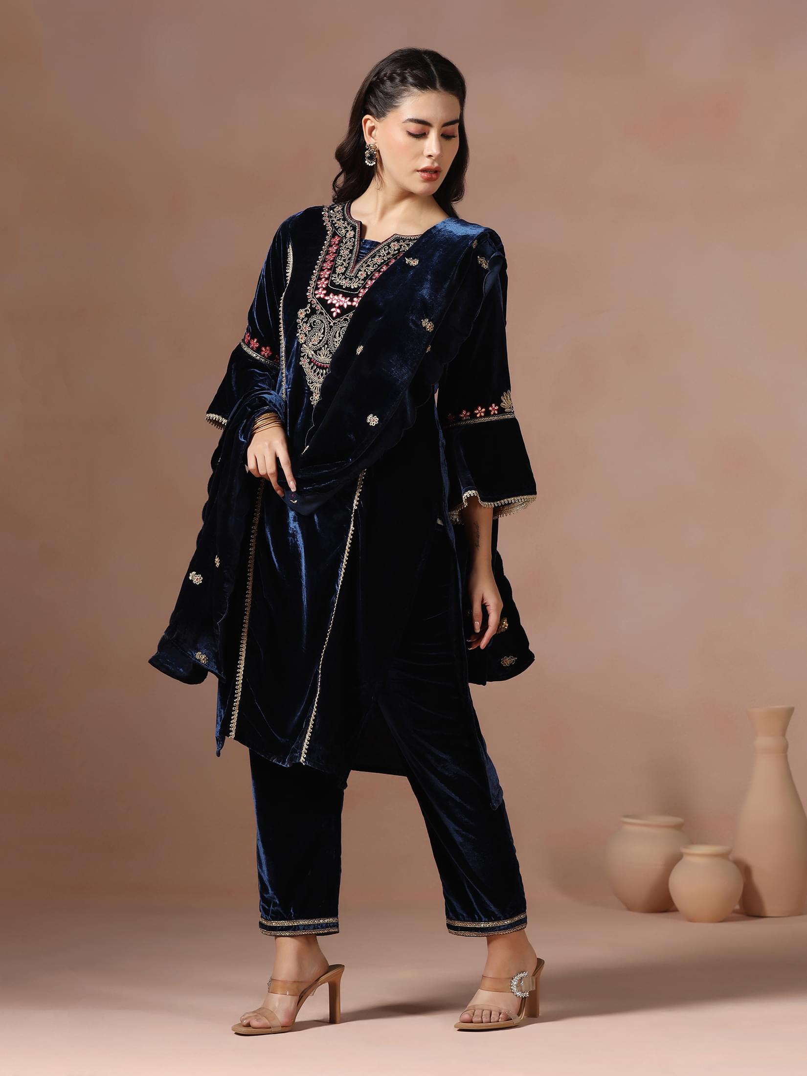 Winter Wear Women Velvet Blue Embroidered Kurta Comfort Pant Dupatta.