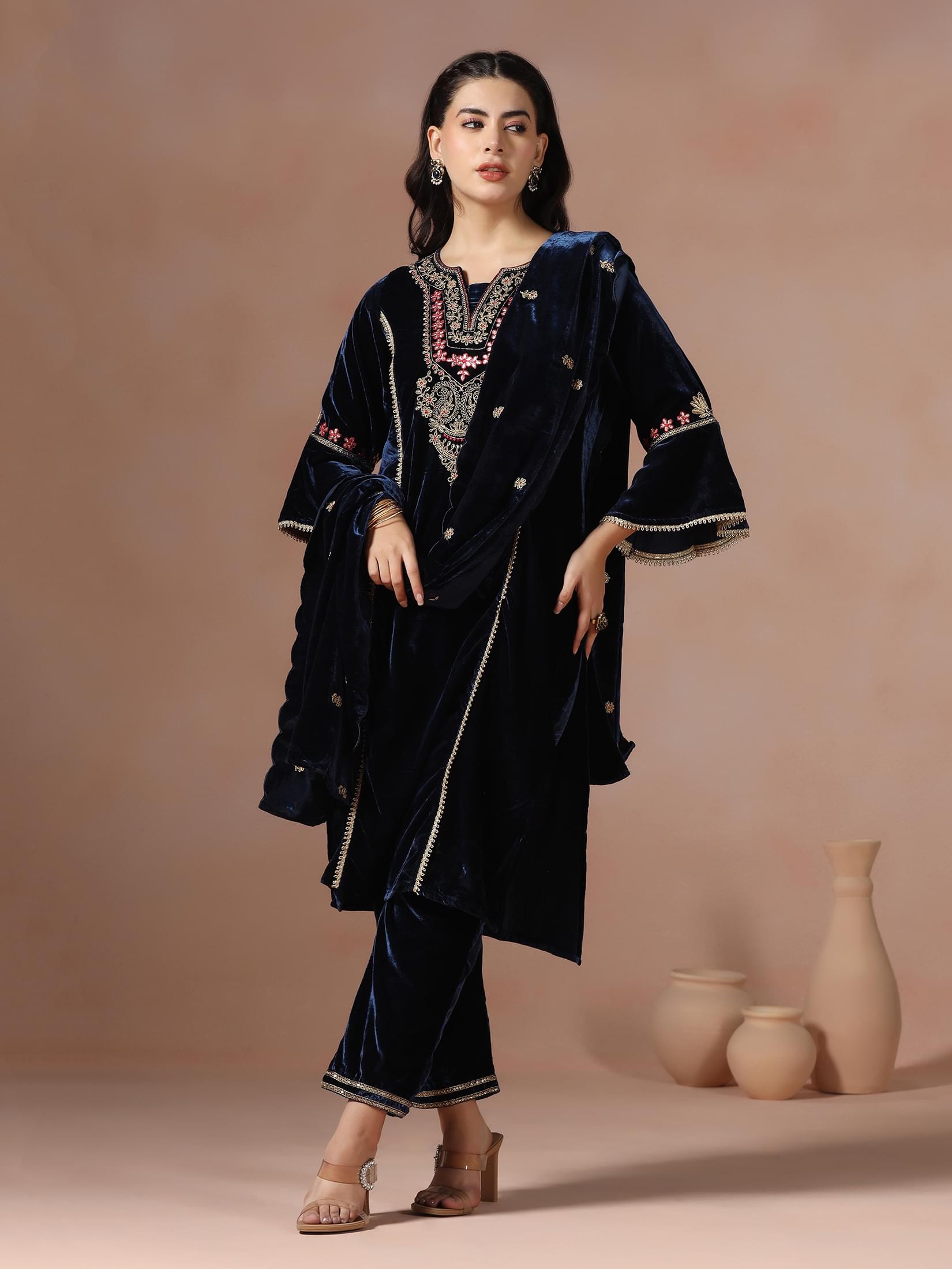 Winter Wear Women Velvet Blue Embroidered Kurta Comfort Pant Dupatta.
