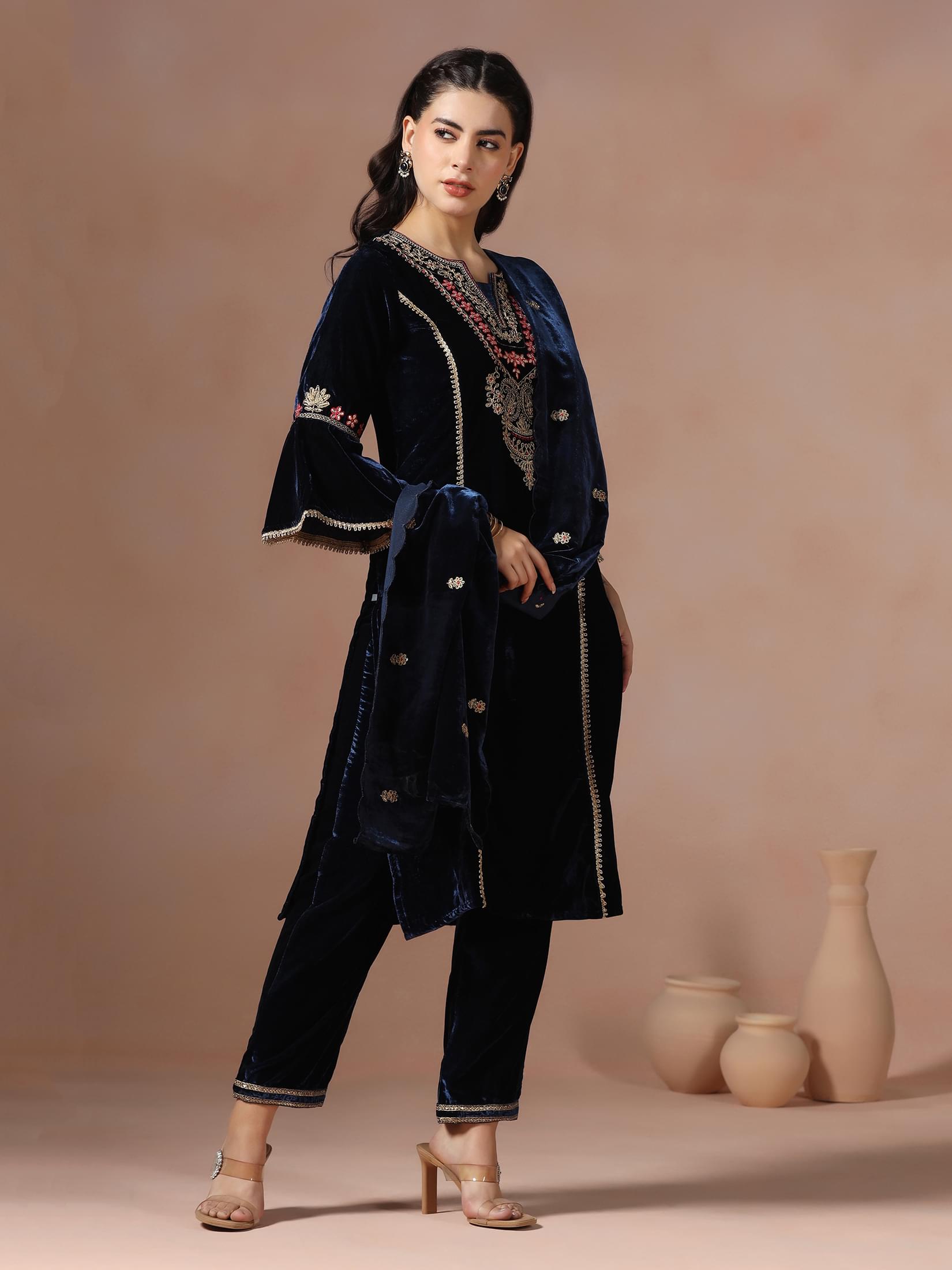 Winter Wear Women Velvet Blue Embroidered Kurta Comfort Pant Dupatta.