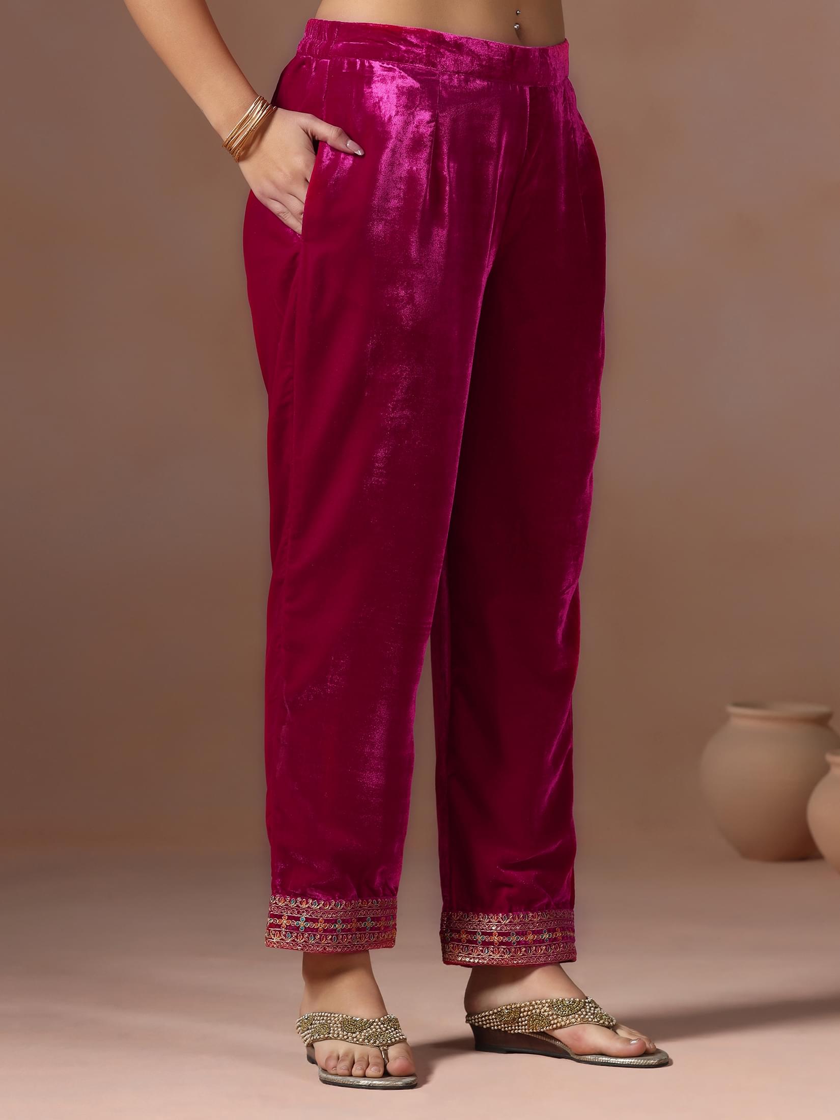 Winter Women Velvet Pink Embroidered Kurta With Comfort Pant Dupatta.