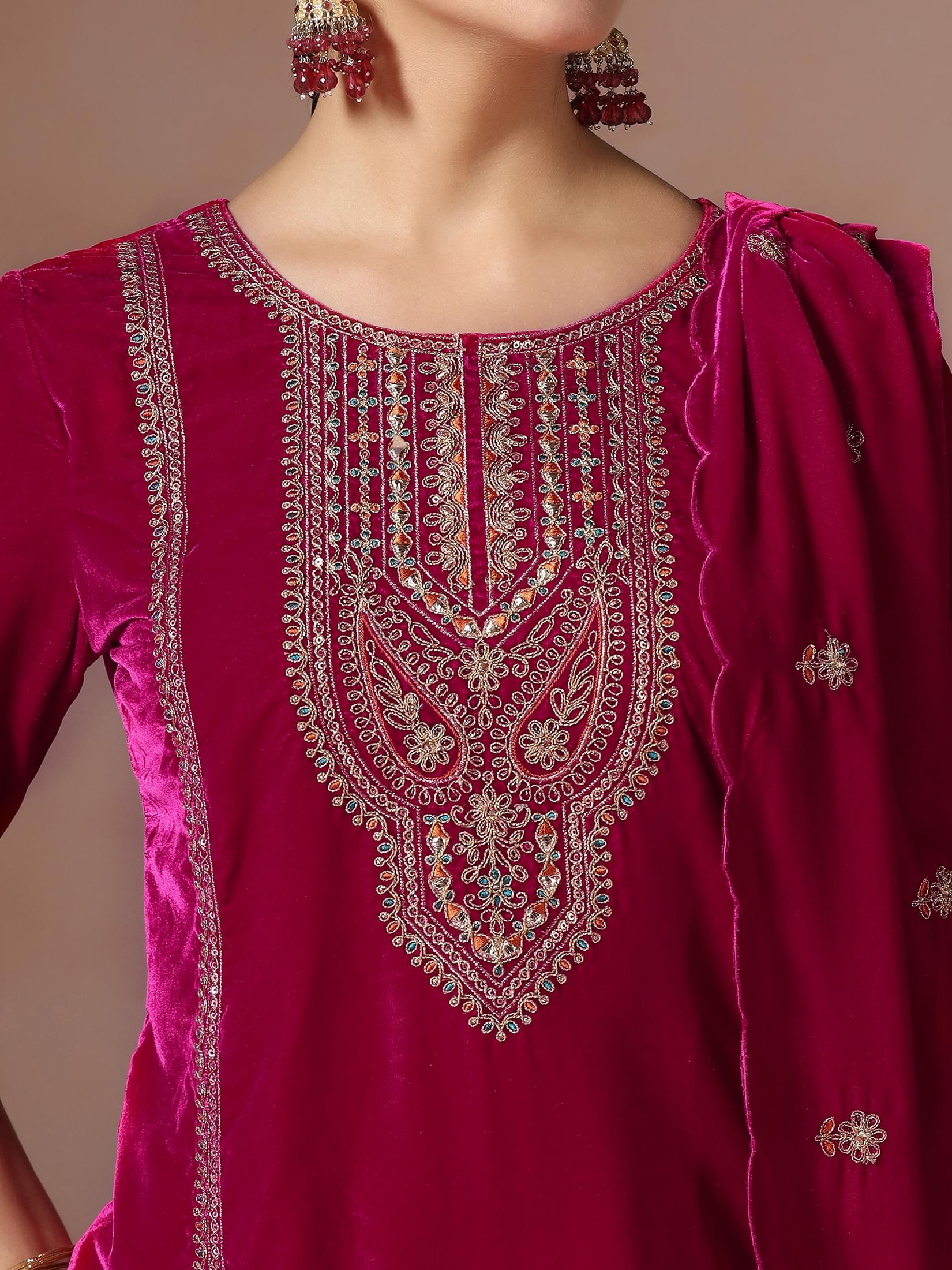 Winter Women Velvet Pink Embroidered Kurta With Comfort Pant Dupatta.