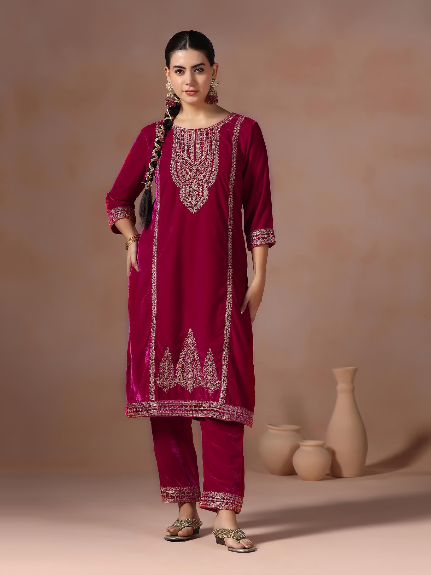 Winter Women Velvet Pink Embroidered Kurta With Comfort Pant Dupatta.