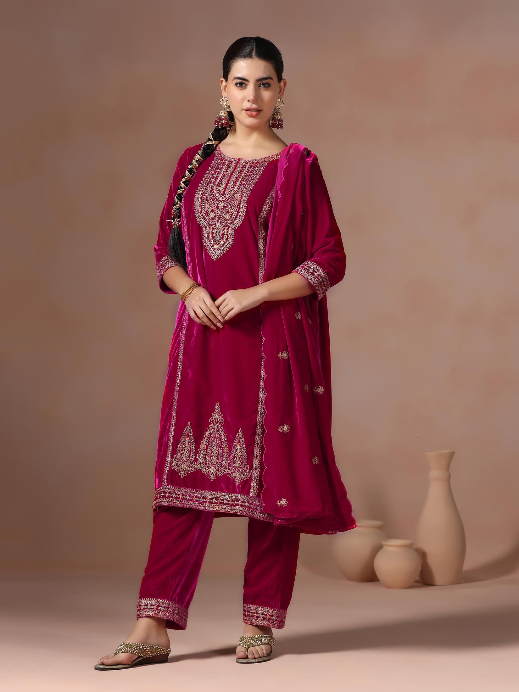 Winter Women Velvet Pink Embroidered Kurta With Comfort Pant Dupatta.