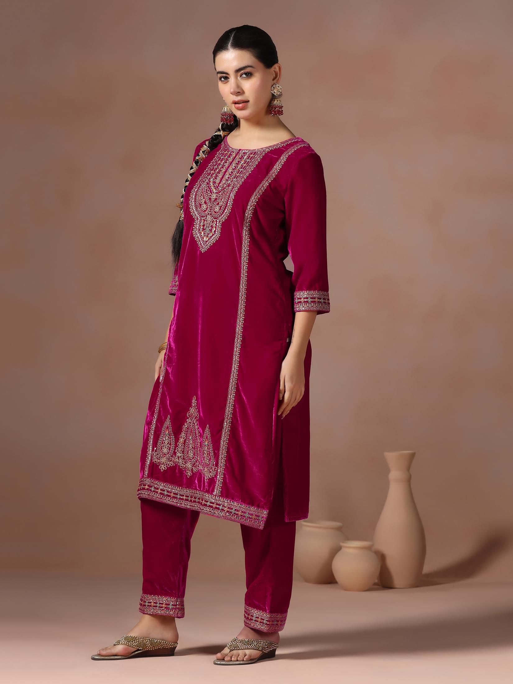 Winter Women Velvet Pink Embroidered Kurta With Comfort Pant Dupatta.