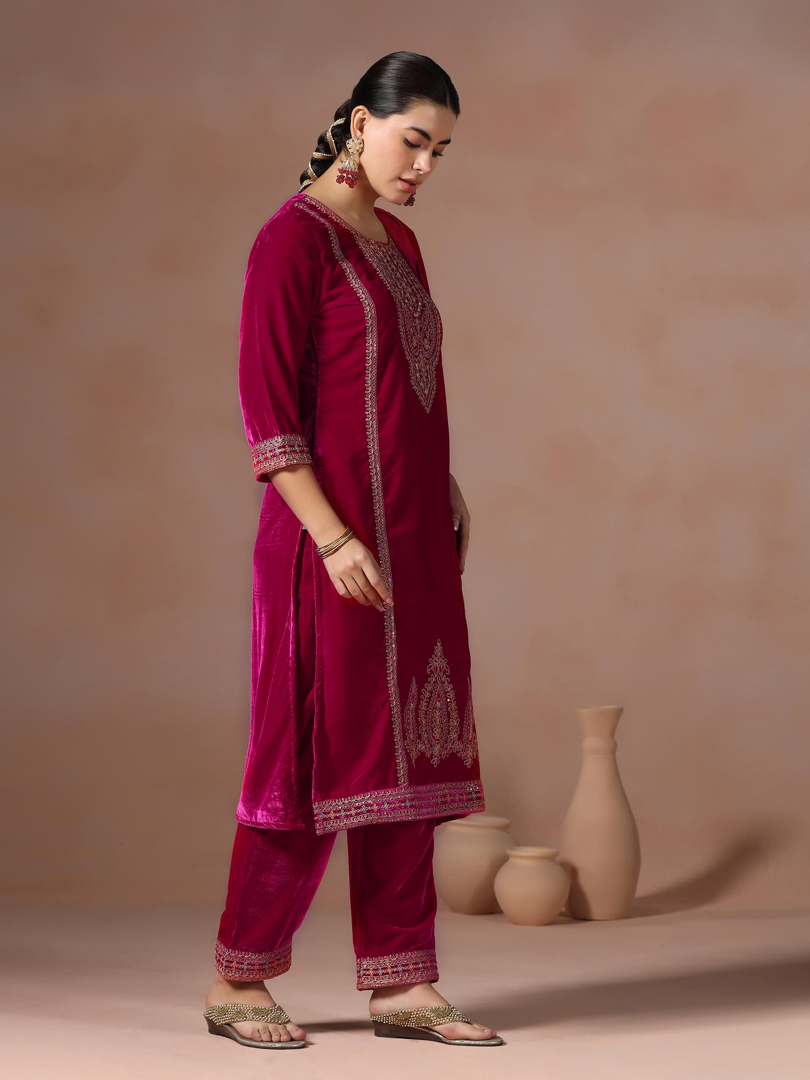 Winter Women Velvet Pink Embroidered Kurta With Comfort Pant Dupatta.