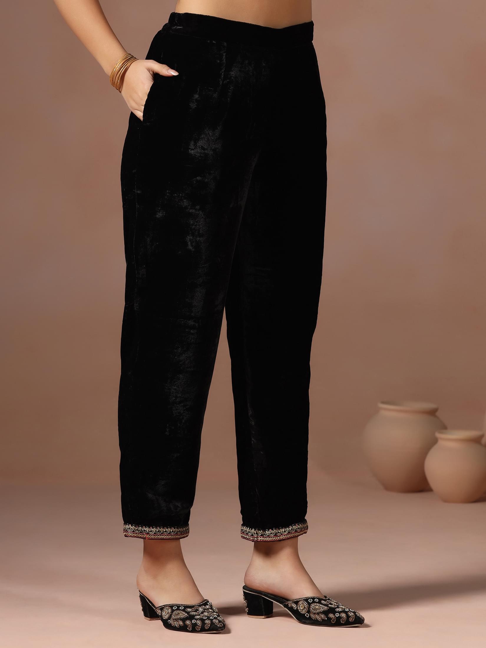 Winter Women Velvet Black Embroidered Kurta Comfort Pant With Dupatta.