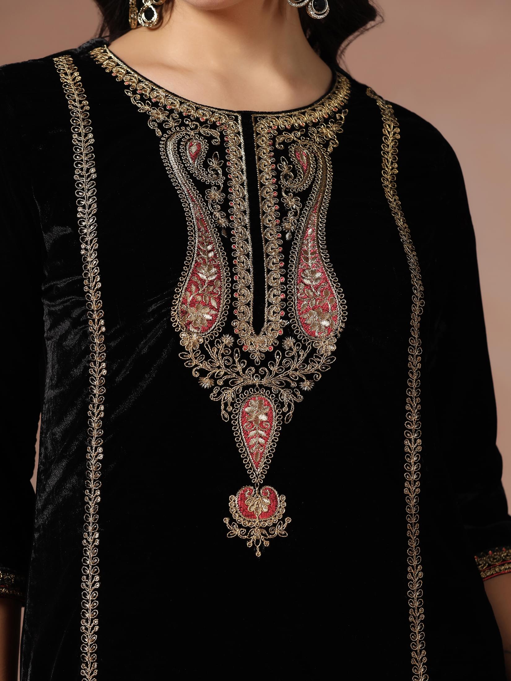 Winter Women Velvet Black Embroidered Kurta Comfort Pant With Dupatta.