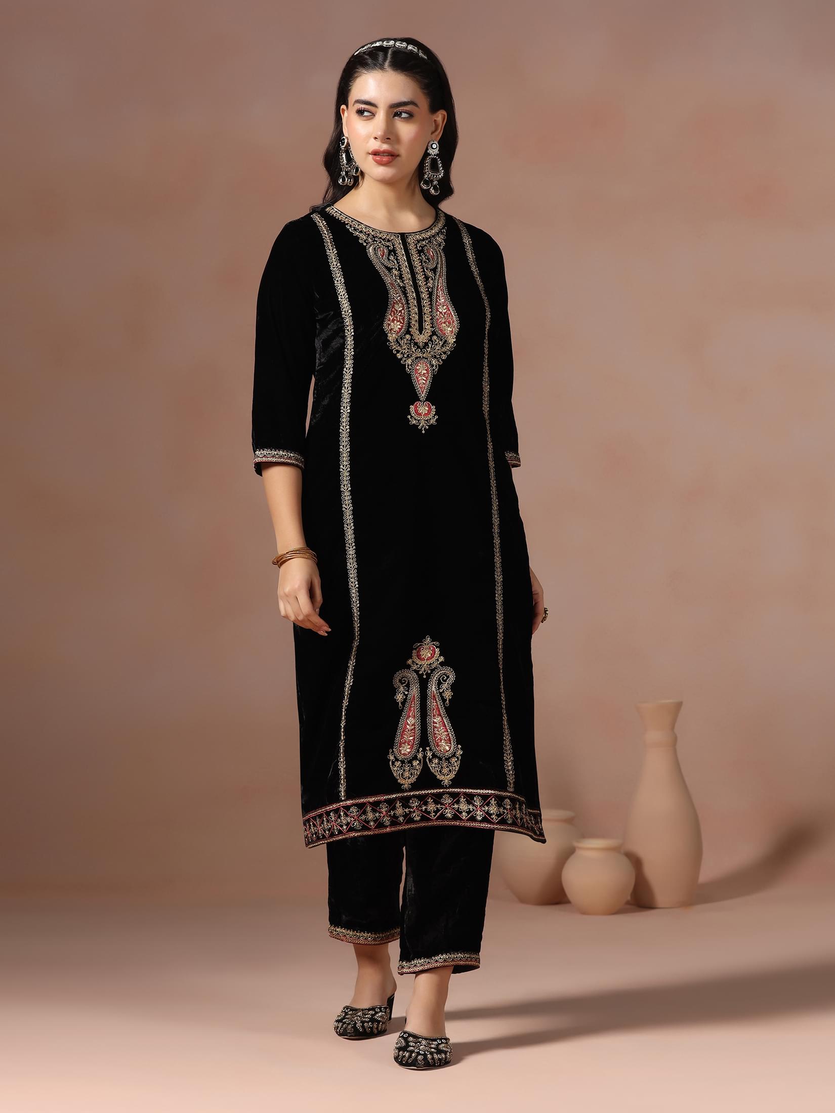 Winter Women Velvet Black Embroidered Kurta Comfort Pant With Dupatta.
