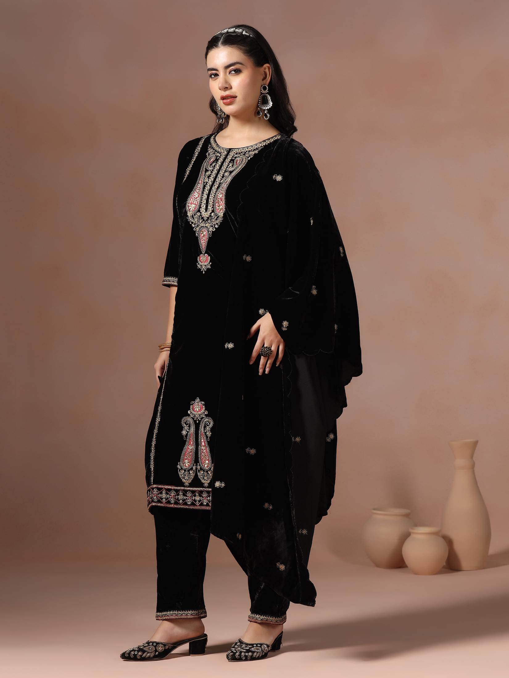 Winter Women Velvet Black Embroidered Kurta Comfort Pant With Dupatta.