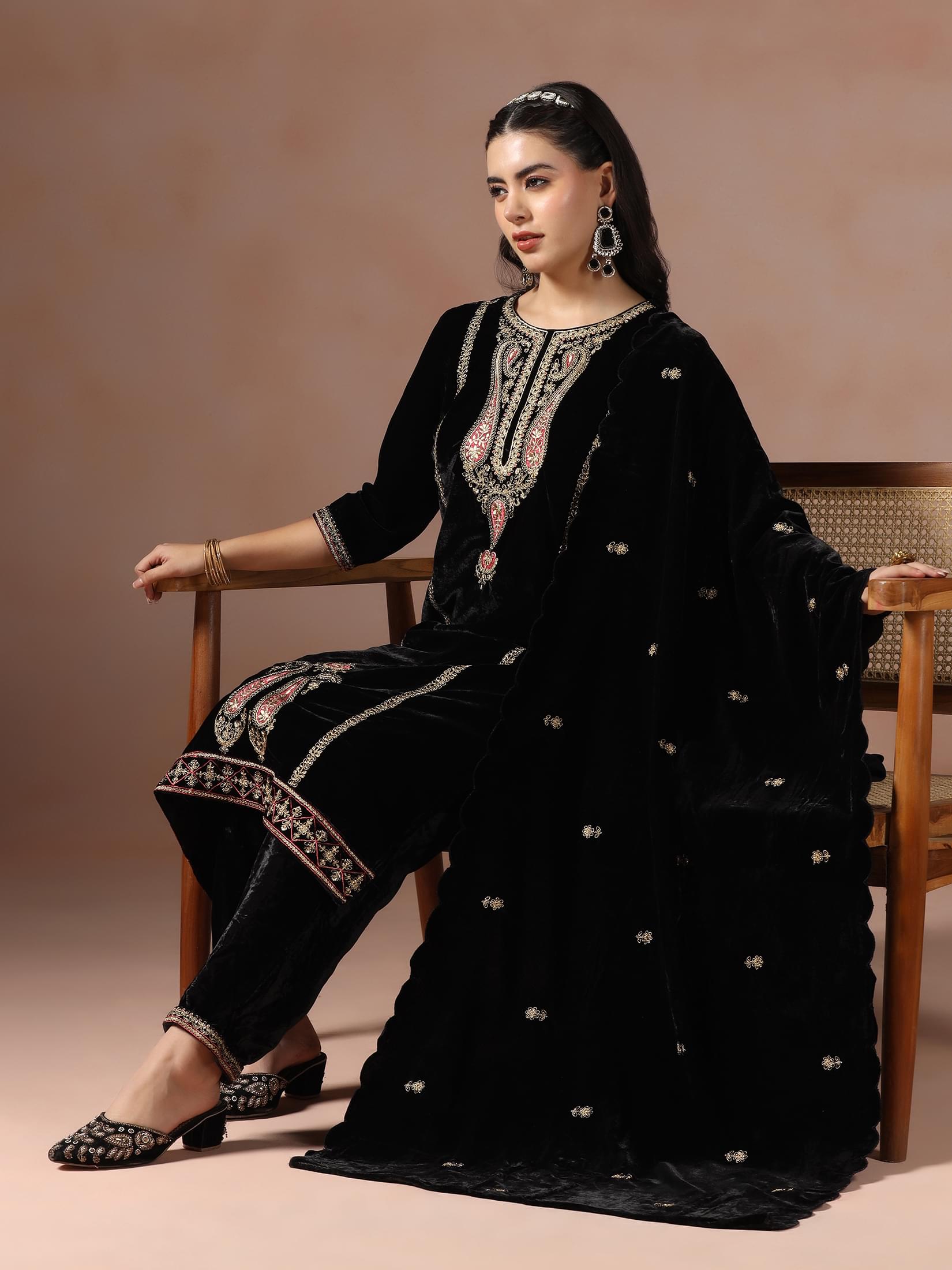 Winter Women Velvet Black Embroidered Kurta Comfort Pant With Dupatta.