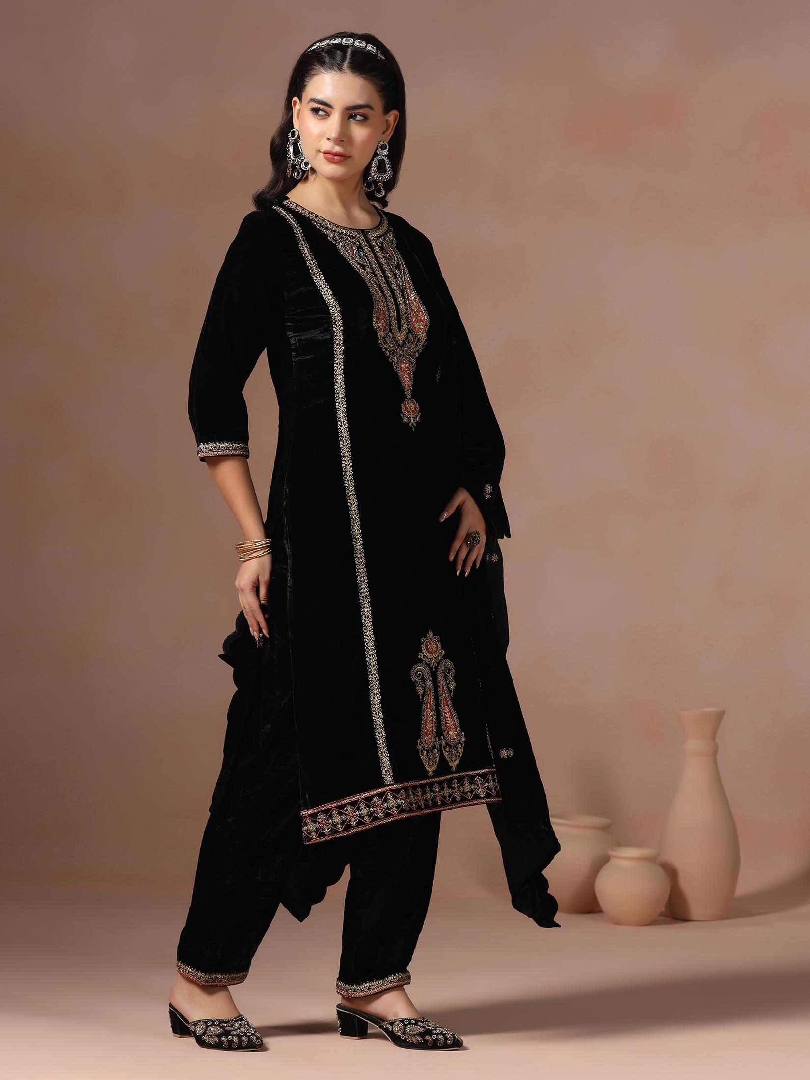 Winter Women Velvet Black Embroidered Kurta Comfort Pant With Dupatta.