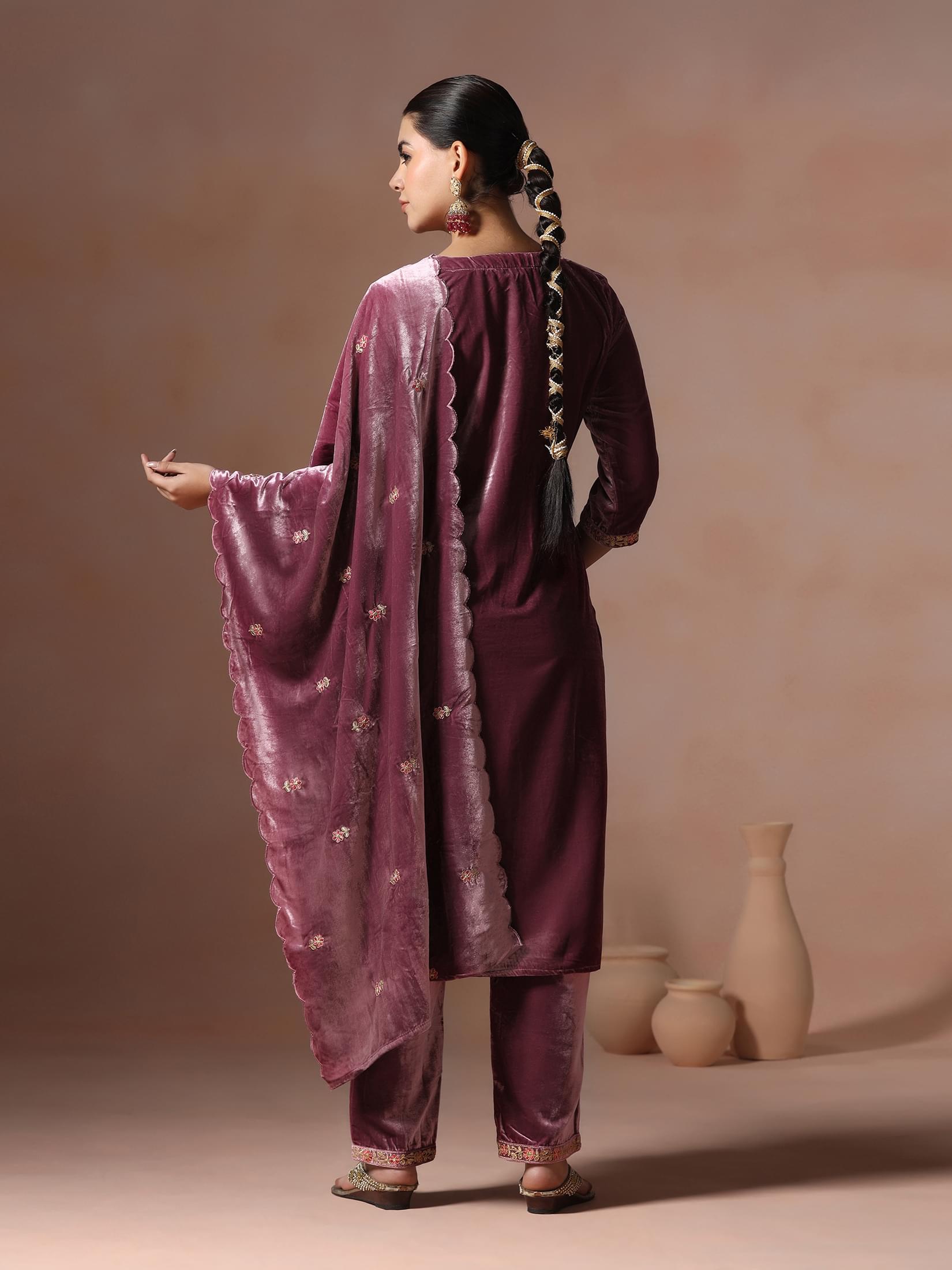 Winter Women Velvet Lilac Embroidered Kurta Comfort Pant Dupatta.