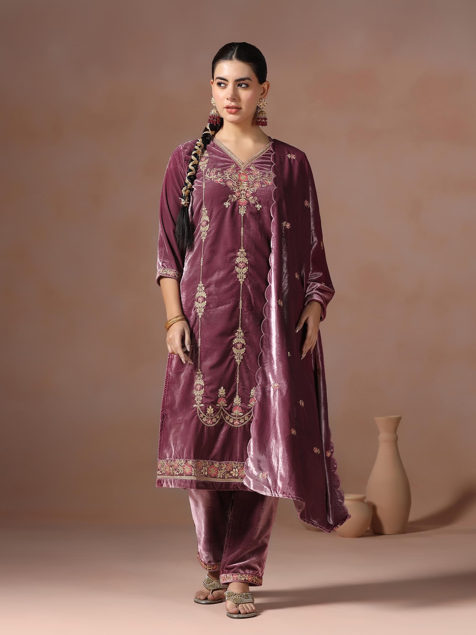 Winter Women Velvet Lilac Embroidered Kurta Comfort Pant Dupatta.