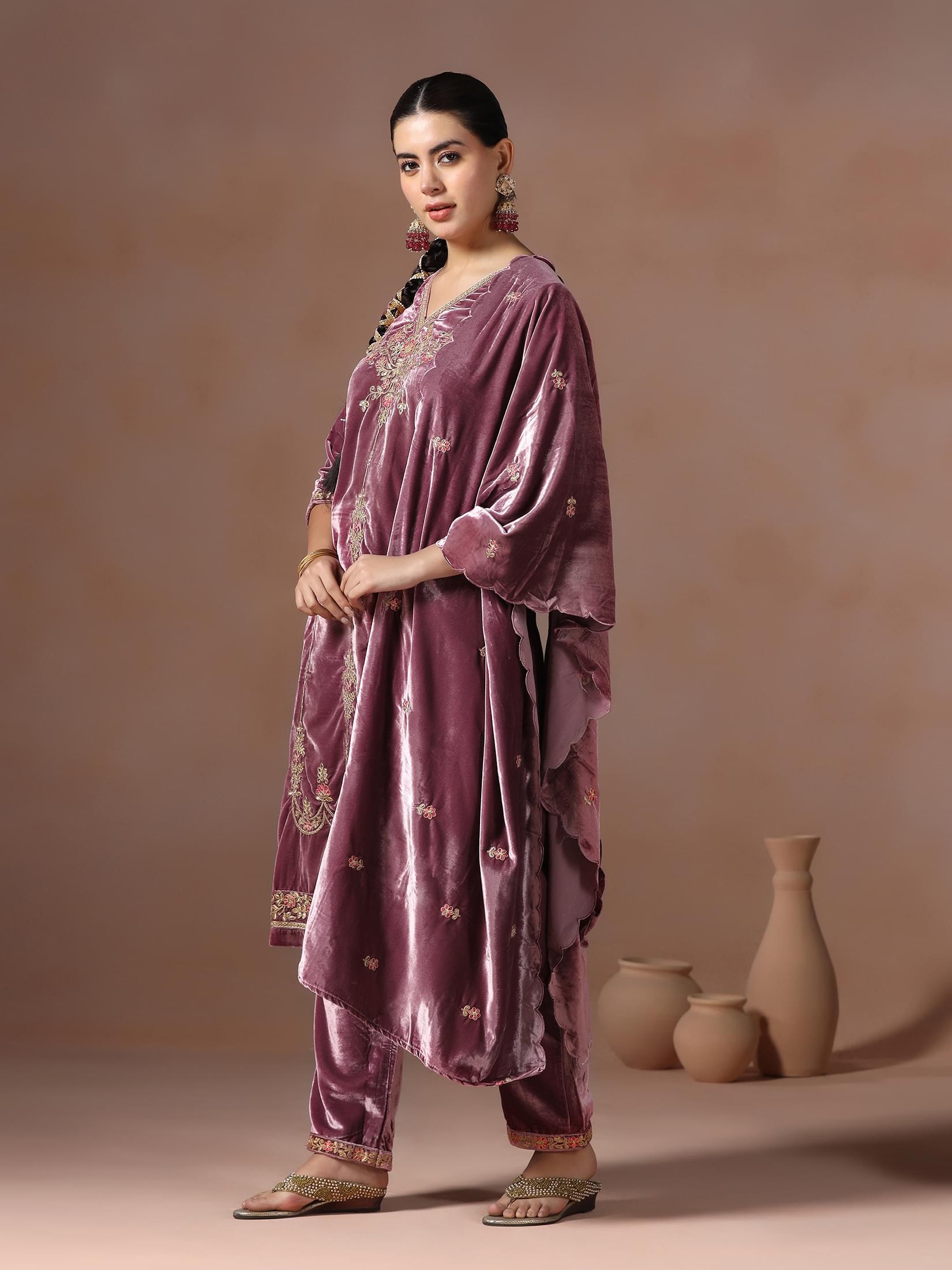Winter Women Velvet Lilac Embroidered Kurta Comfort Pant Dupatta.