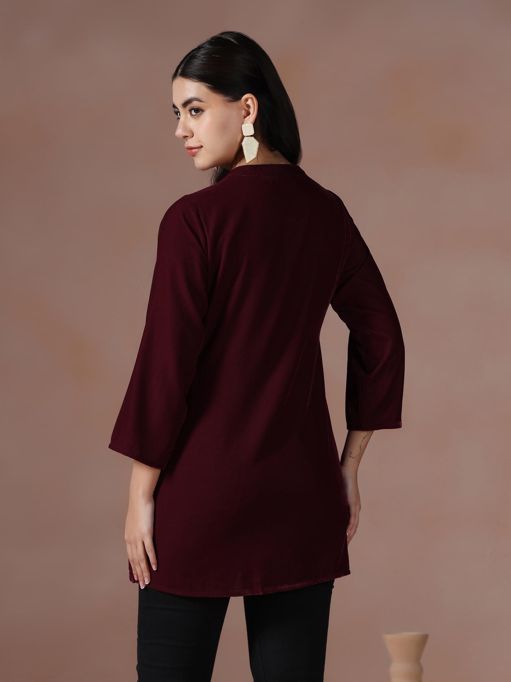 Winter Women Velvet Maroon Solid Tunic.