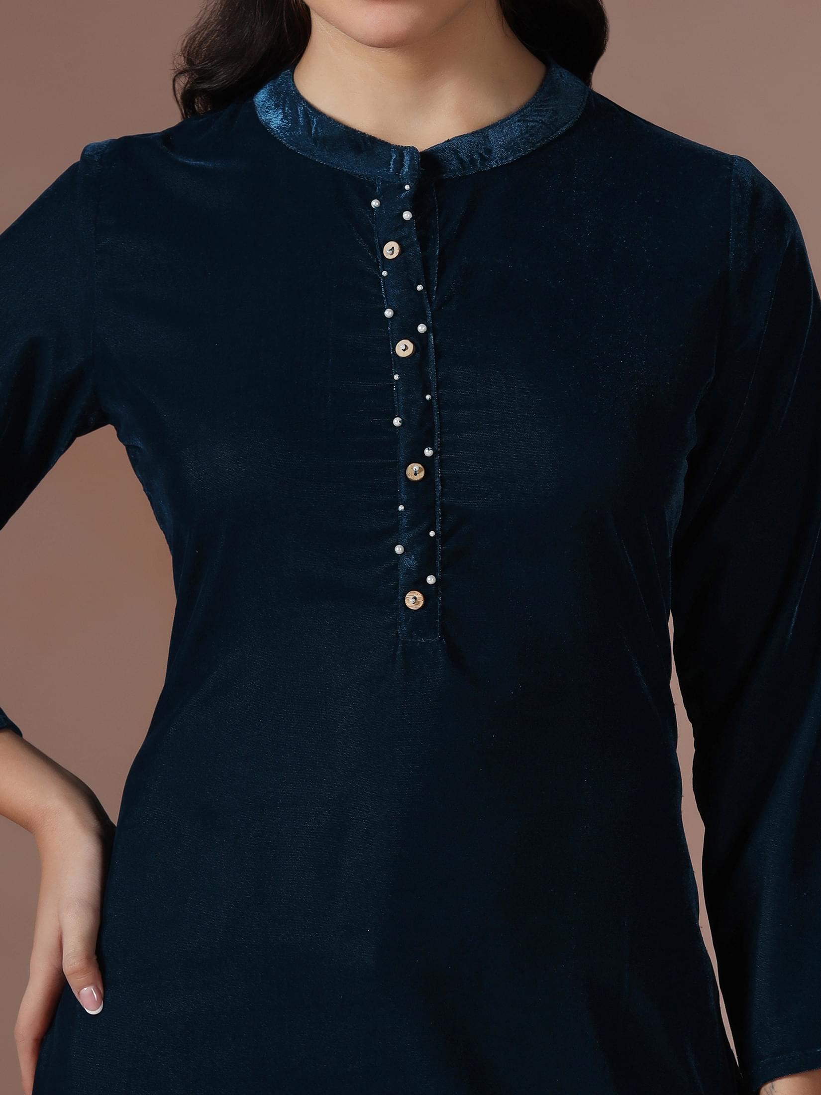 Winter Women Velvet Blue Solid Tunic.