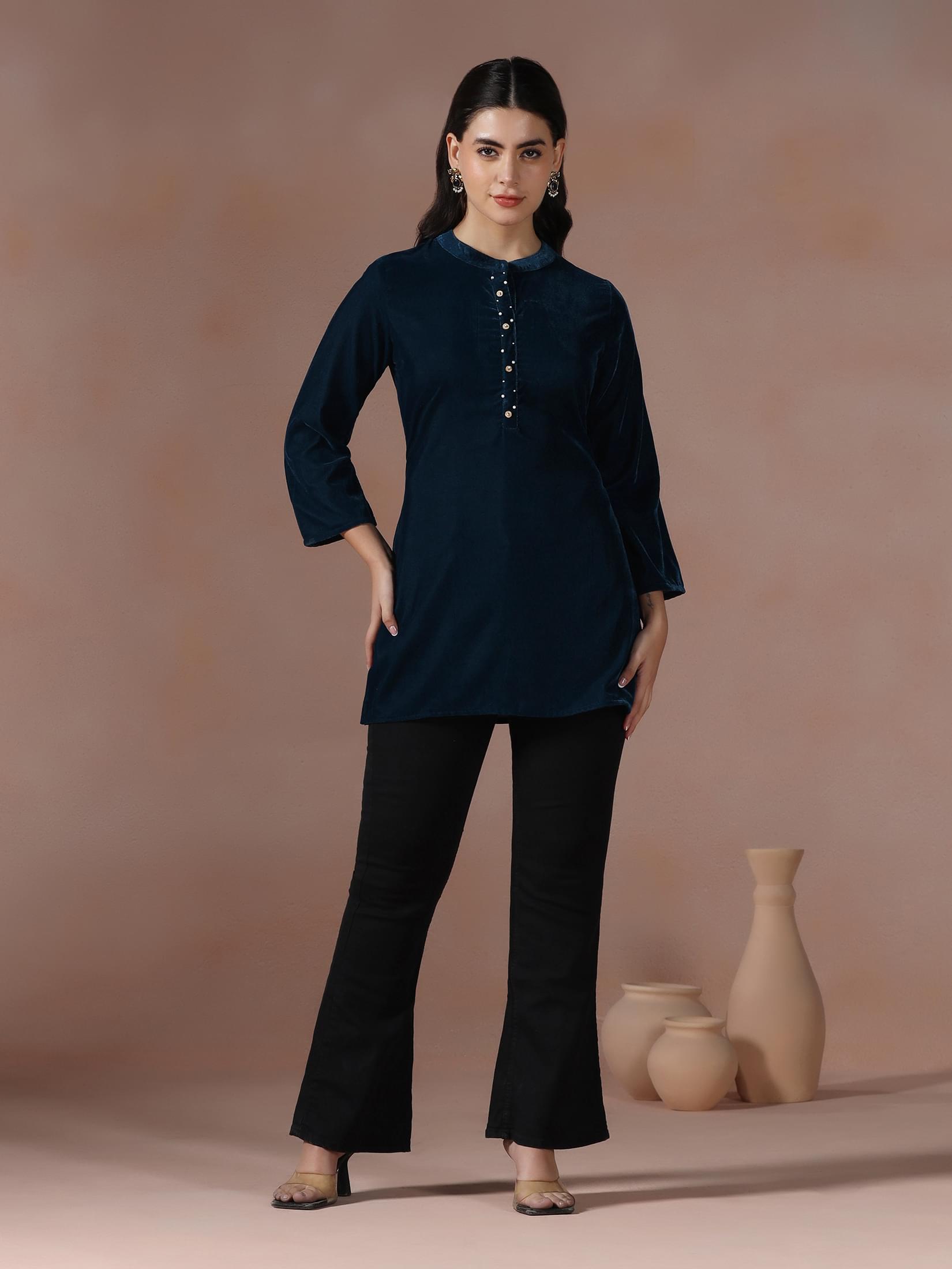 Winter Women Velvet Blue Solid Tunic.