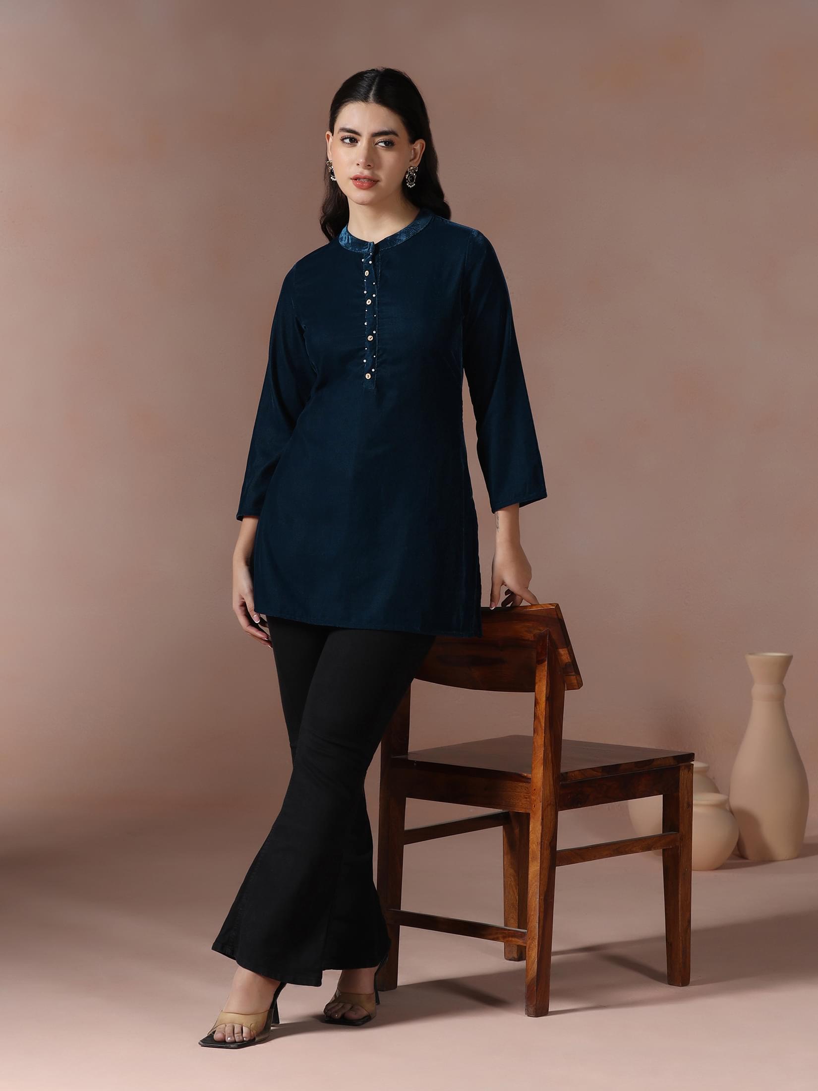 Winter Women Velvet Blue Solid Tunic.