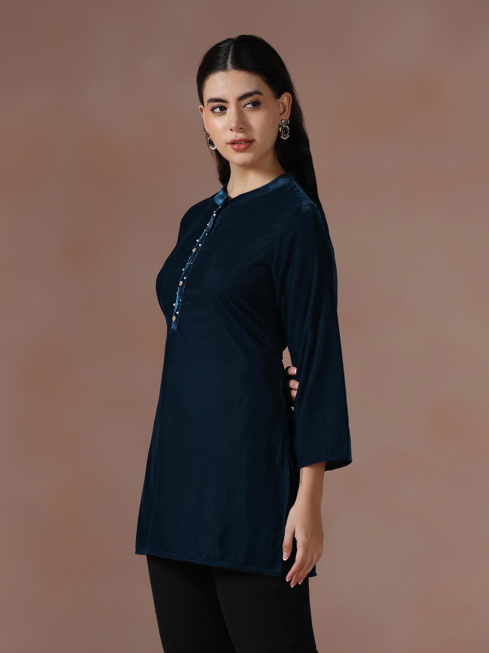 Winter Women Velvet Blue Solid Tunic.
