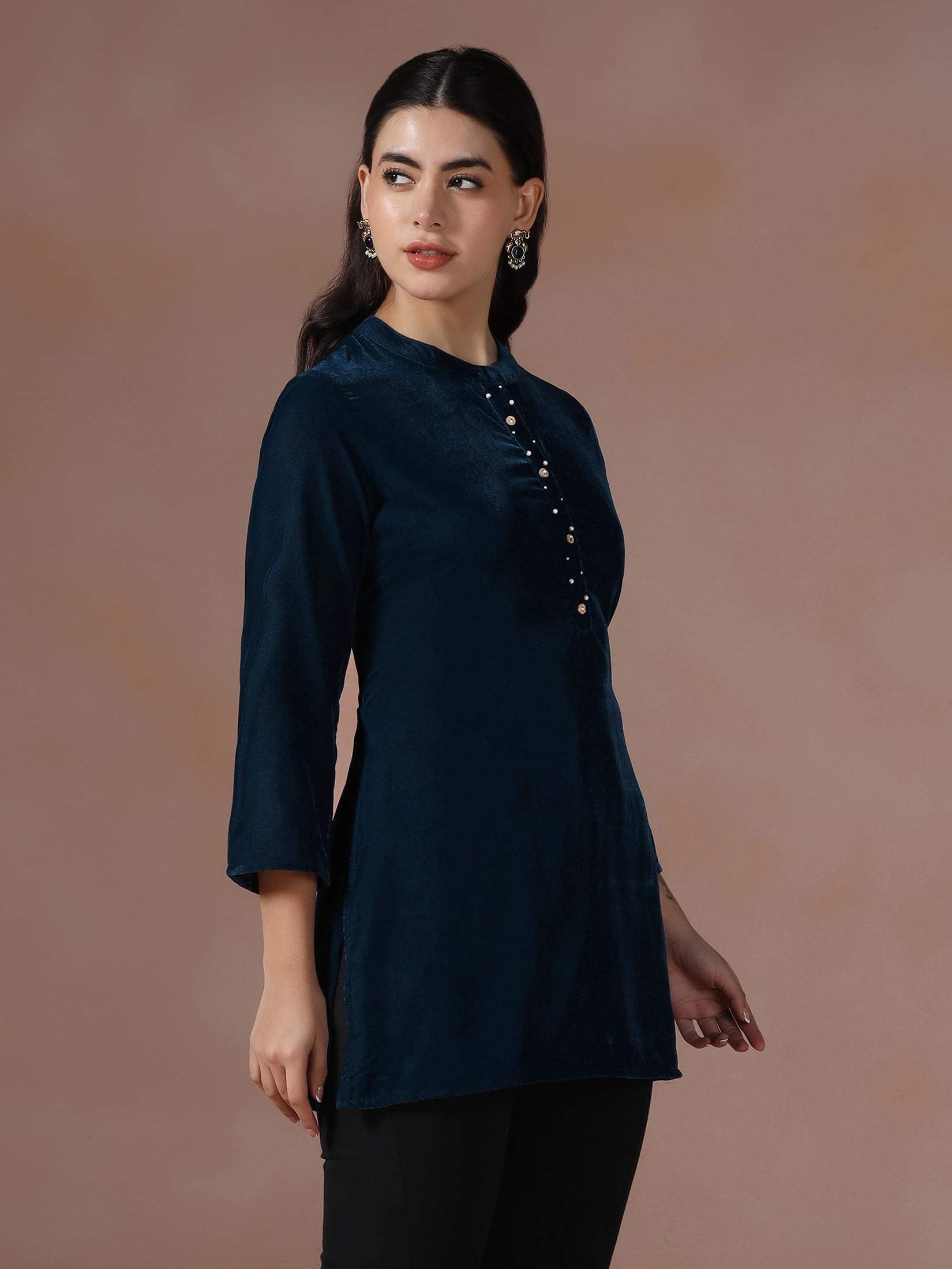 Winter Women Velvet Blue Solid Tunic.