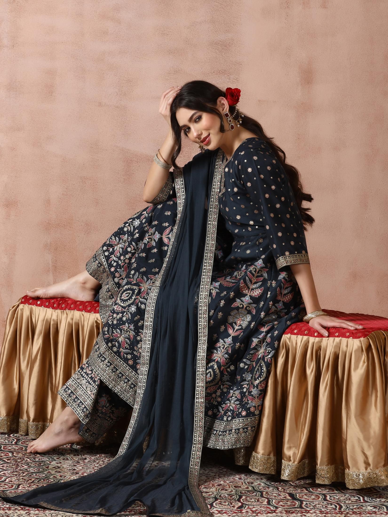 Slate grey printed Chanderi silk traditional wear straight trouser suit